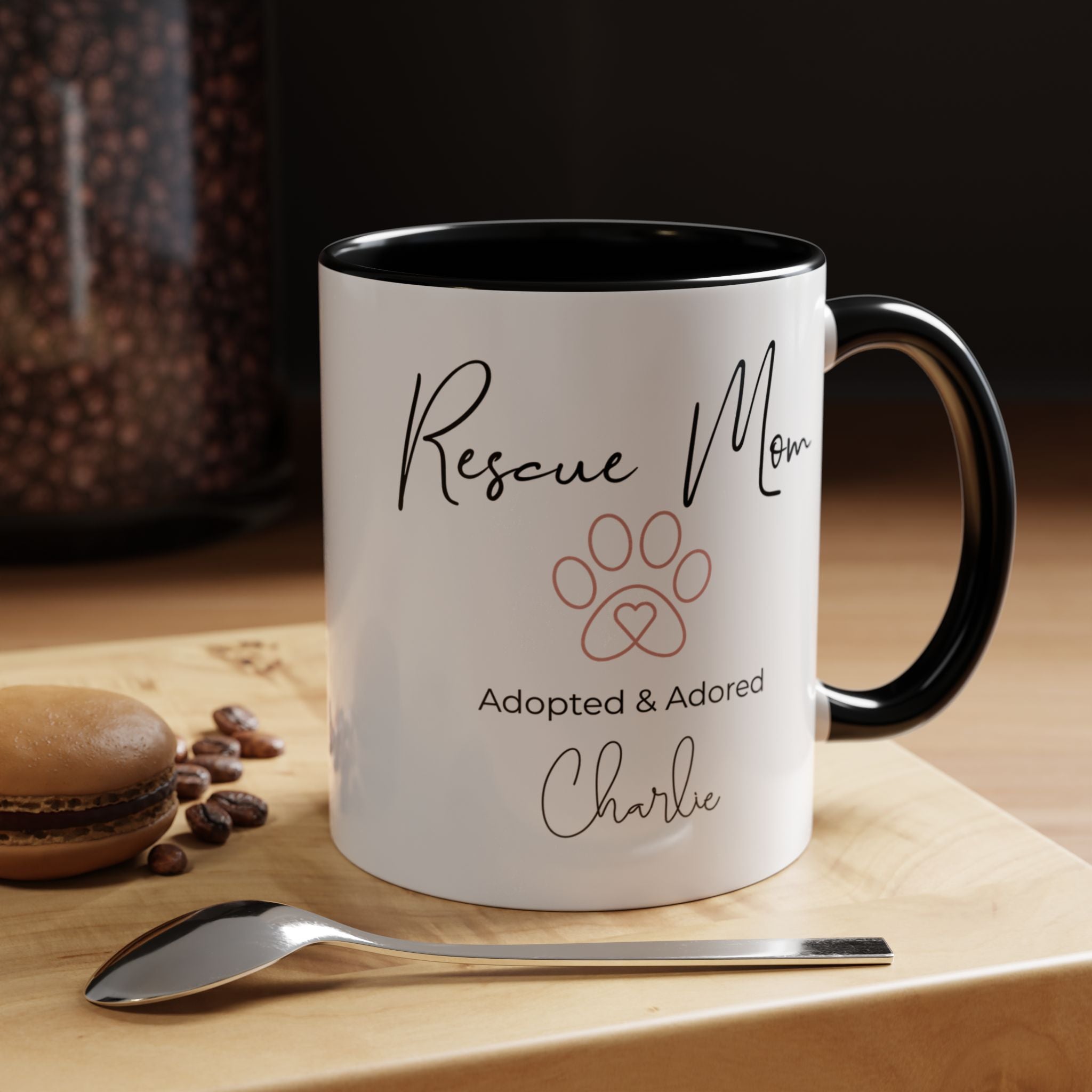 Rescue Mom Mug with Pet Name – Personalized Dog Lover Gift, Adopted & Adored, 15oz Accent Coffee Mug, Dishwasher Safe, USA Made