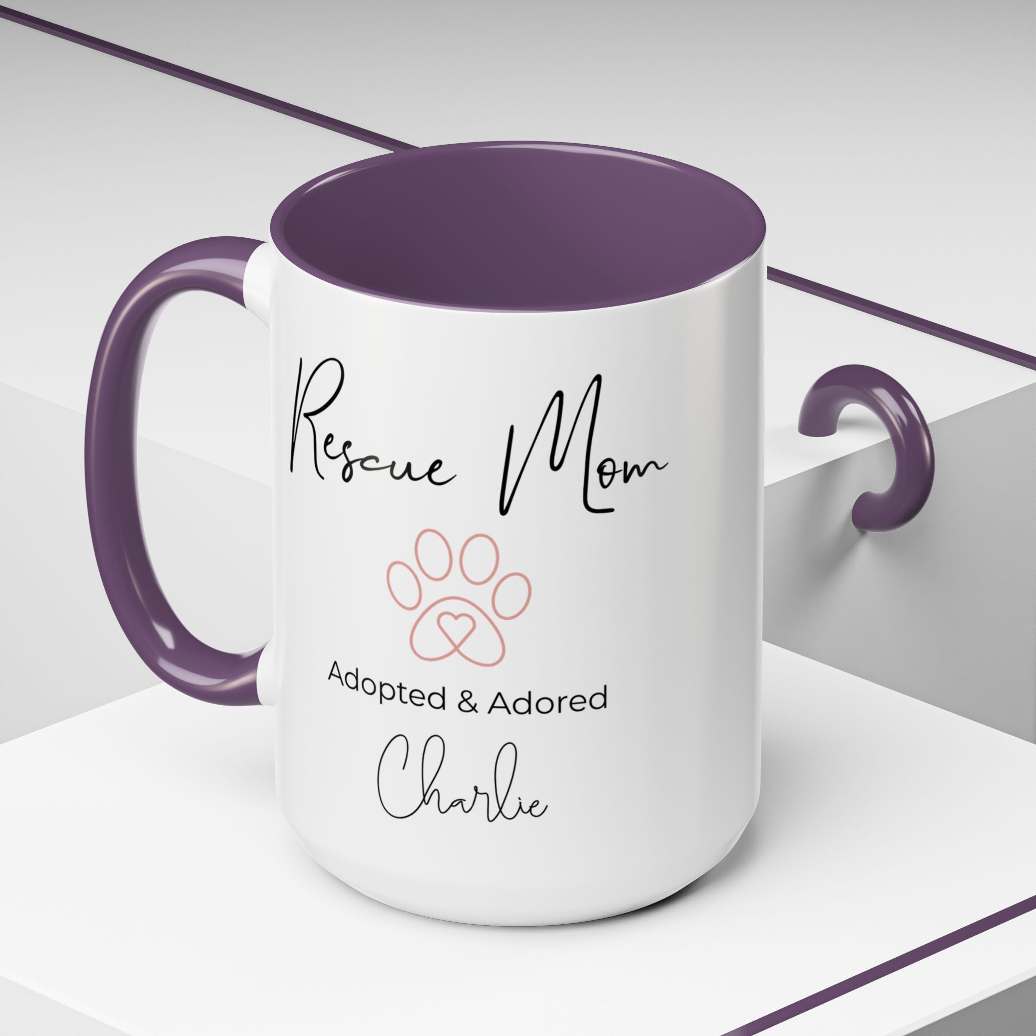 Rescue Mom Mug with Pet Name – Personalized Dog Lover Gift, Adopted & Adored, 15oz Accent Coffee Mug, Dishwasher Safe, USA Made