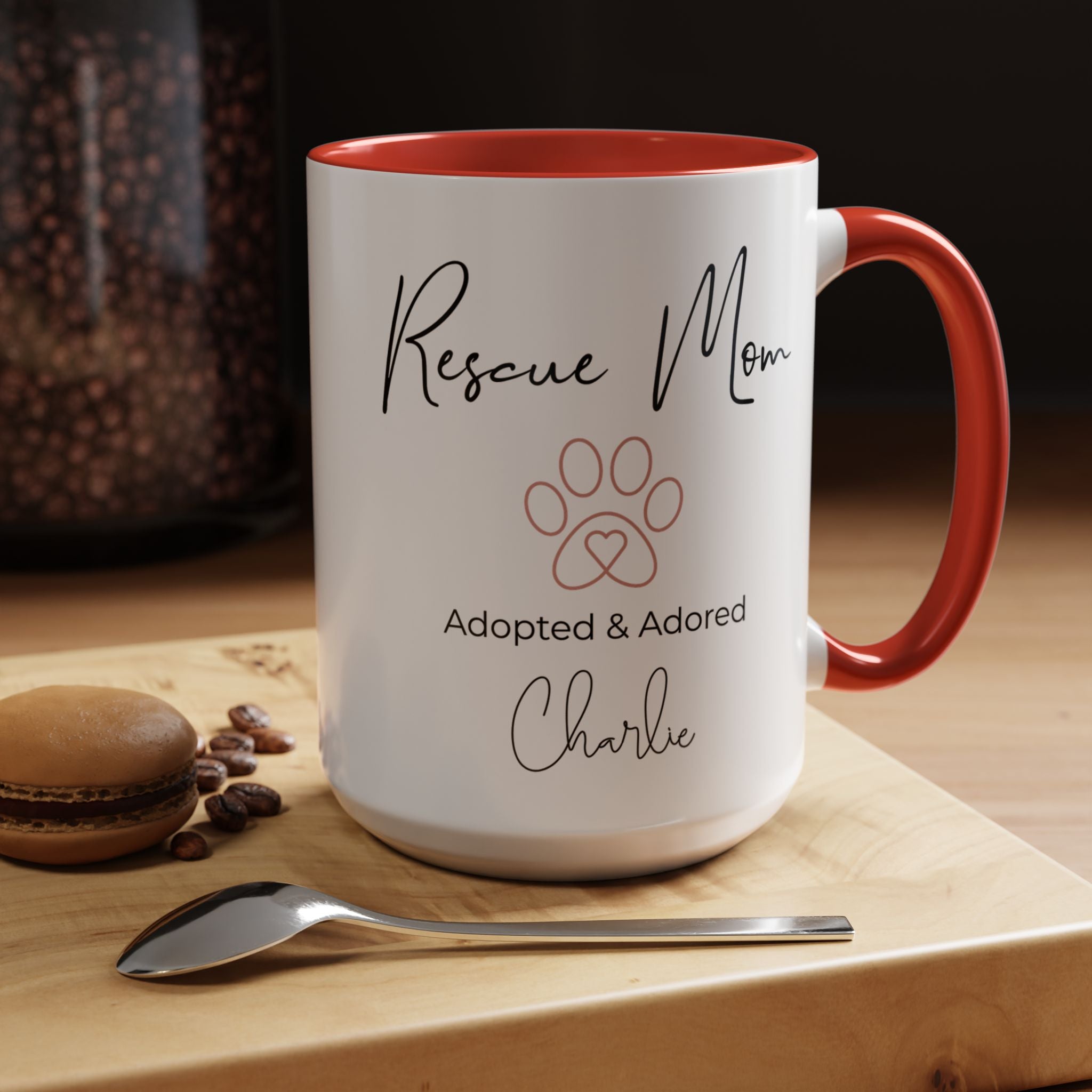 Rescue Mom Mug with Pet Name – Personalized Dog Lover Gift, Adopted & Adored, 15oz Accent Coffee Mug, Dishwasher Safe, USA Made
