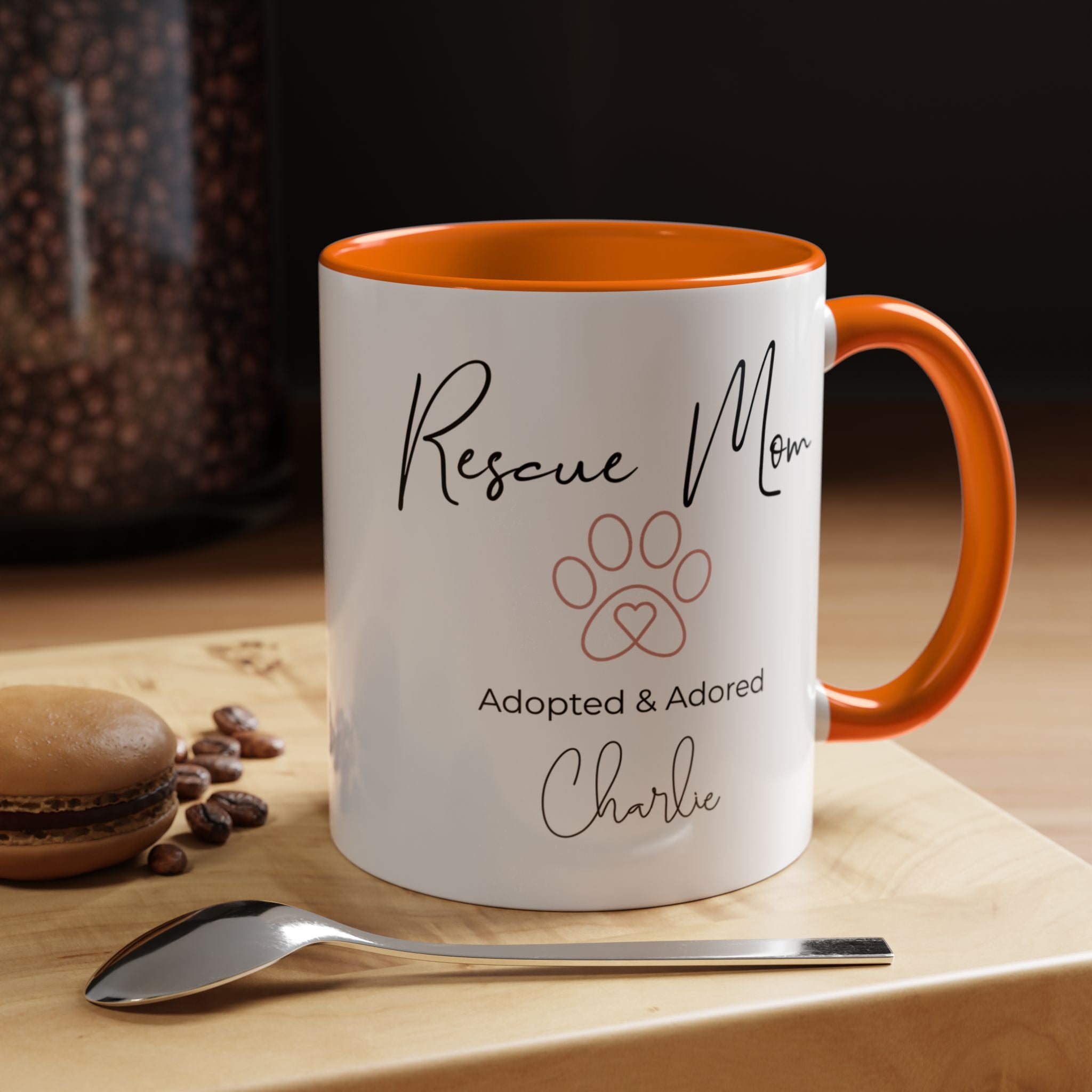 Rescue Mom Mug with Pet Name – Personalized Dog Lover Gift, Adopted & Adored, 15oz Accent Coffee Mug, Dishwasher Safe, USA Made