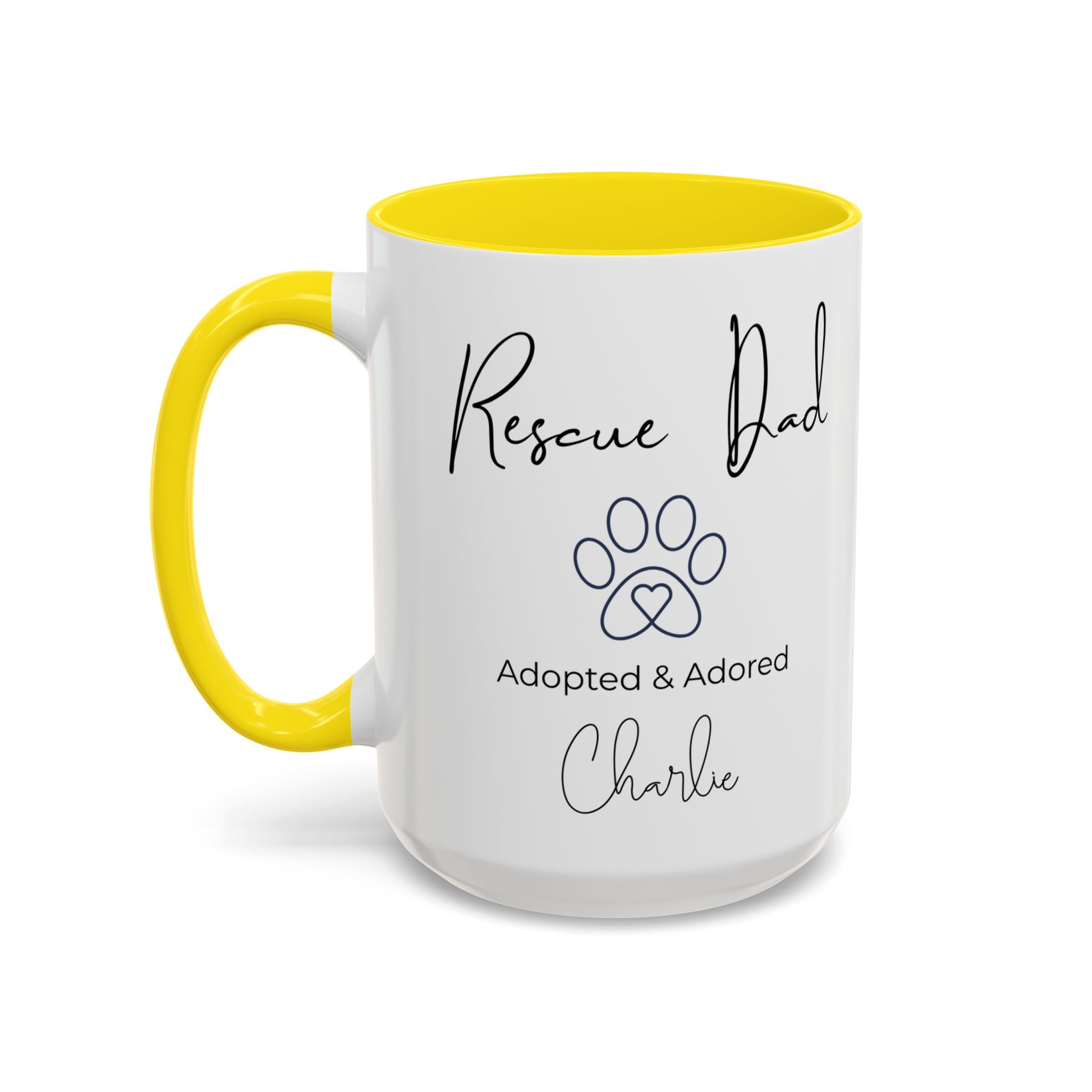 Rescue Dad Mug with Pet Name – Personalized Dog Lover Gift, Adopted & Adored, 15oz Accent Coffee Mug, Dishwasher Safe, USA Made