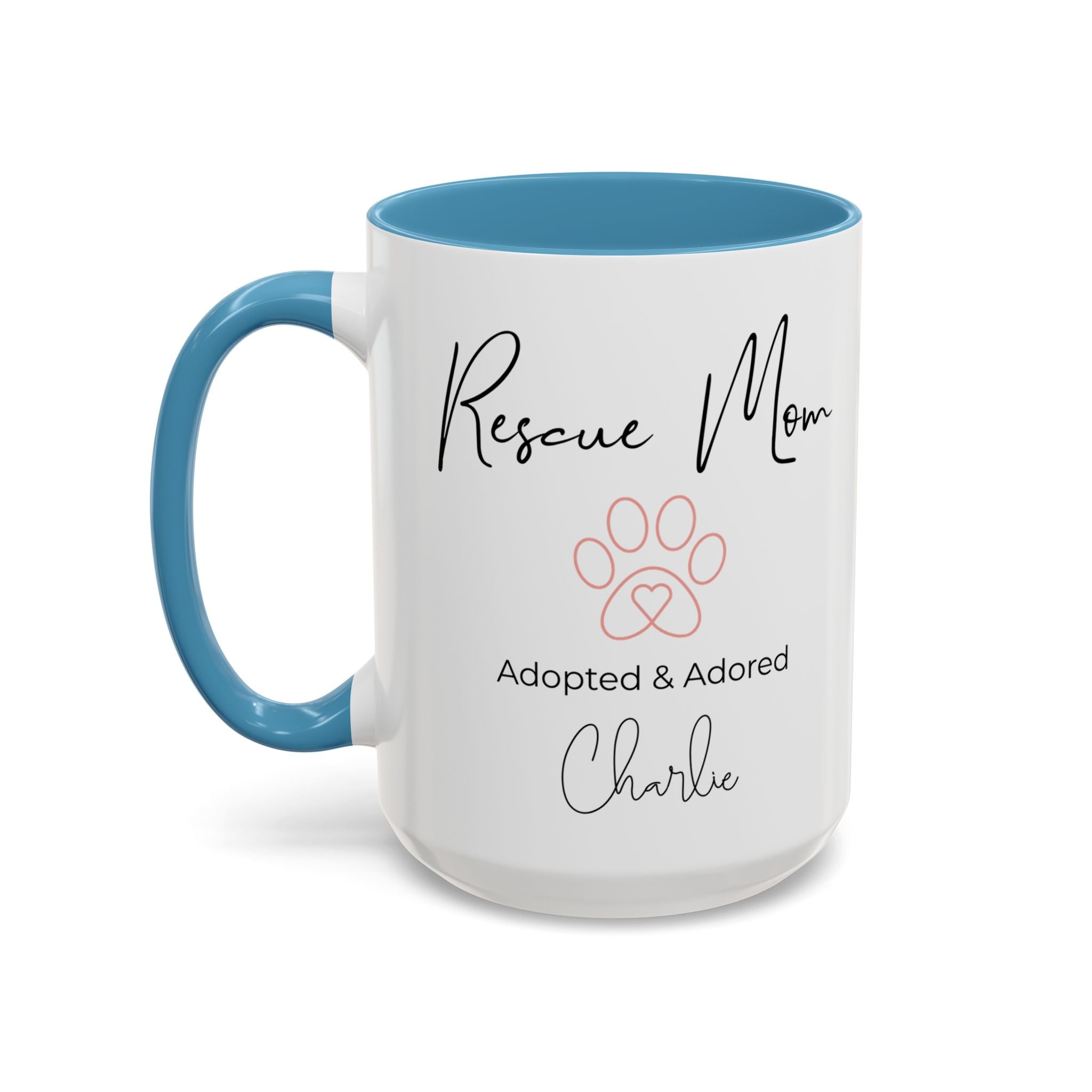 Rescue Mom Mug with Pet Name – Personalized Dog Lover Gift, Adopted & Adored, 15oz Accent Coffee Mug, Dishwasher Safe, USA Made
