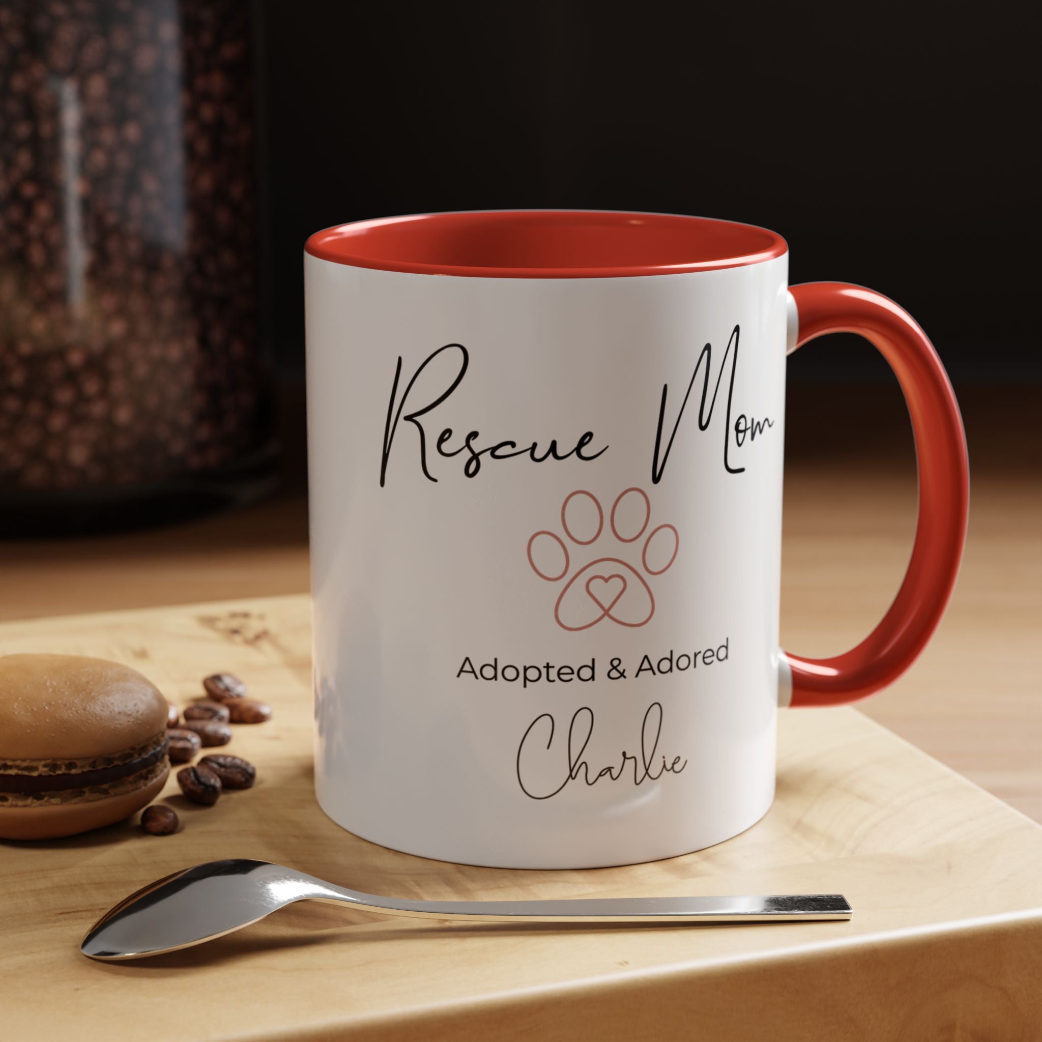 Rescue Mom Mug with Pet Name – Personalized Dog Lover Gift, Adopted & Adored, 15oz Accent Coffee Mug, Dishwasher Safe, USA Made