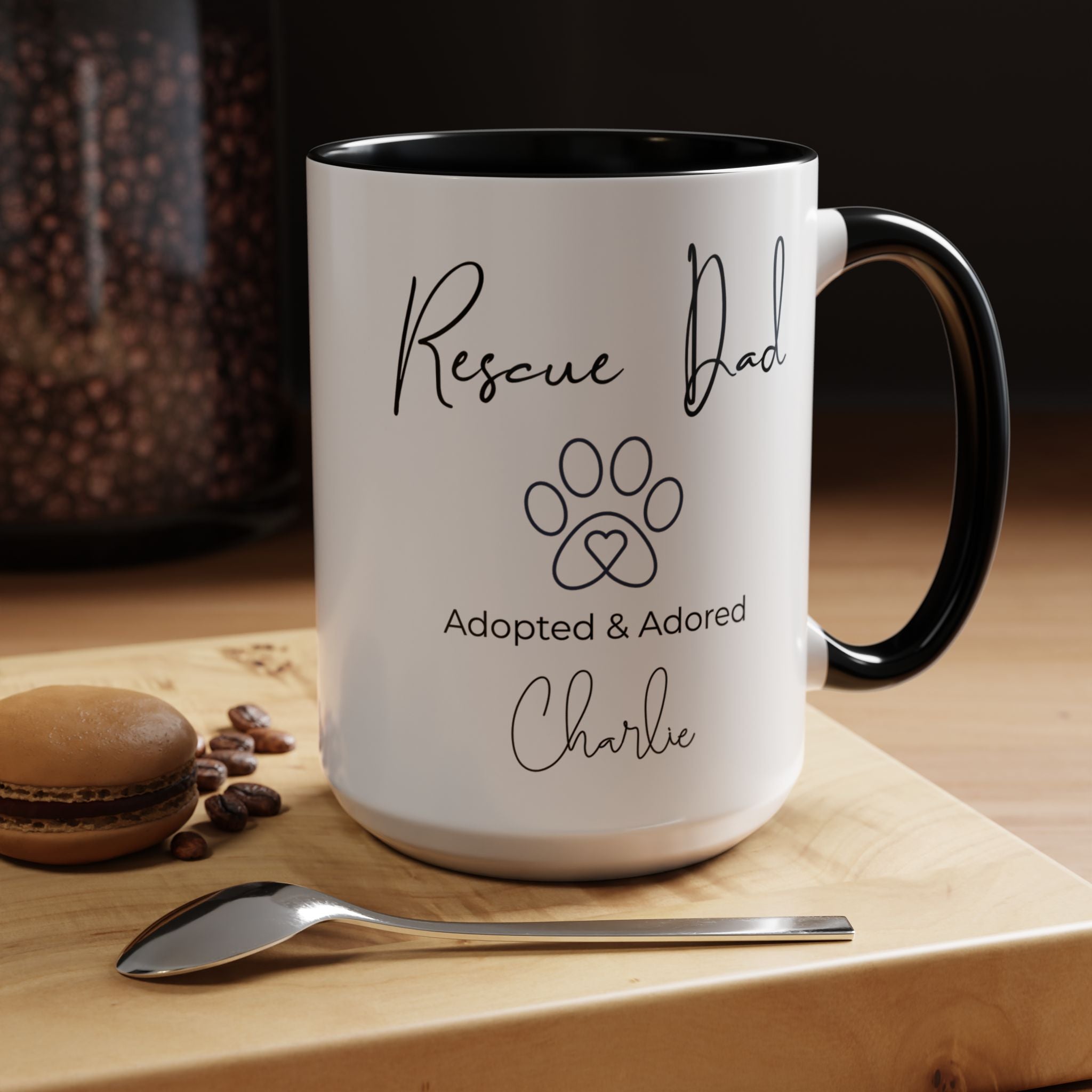 Rescue Dad Mug with Pet Name – Personalized Dog Lover Gift, Adopted & Adored, 15oz Accent Coffee Mug, Dishwasher Safe, USA Made