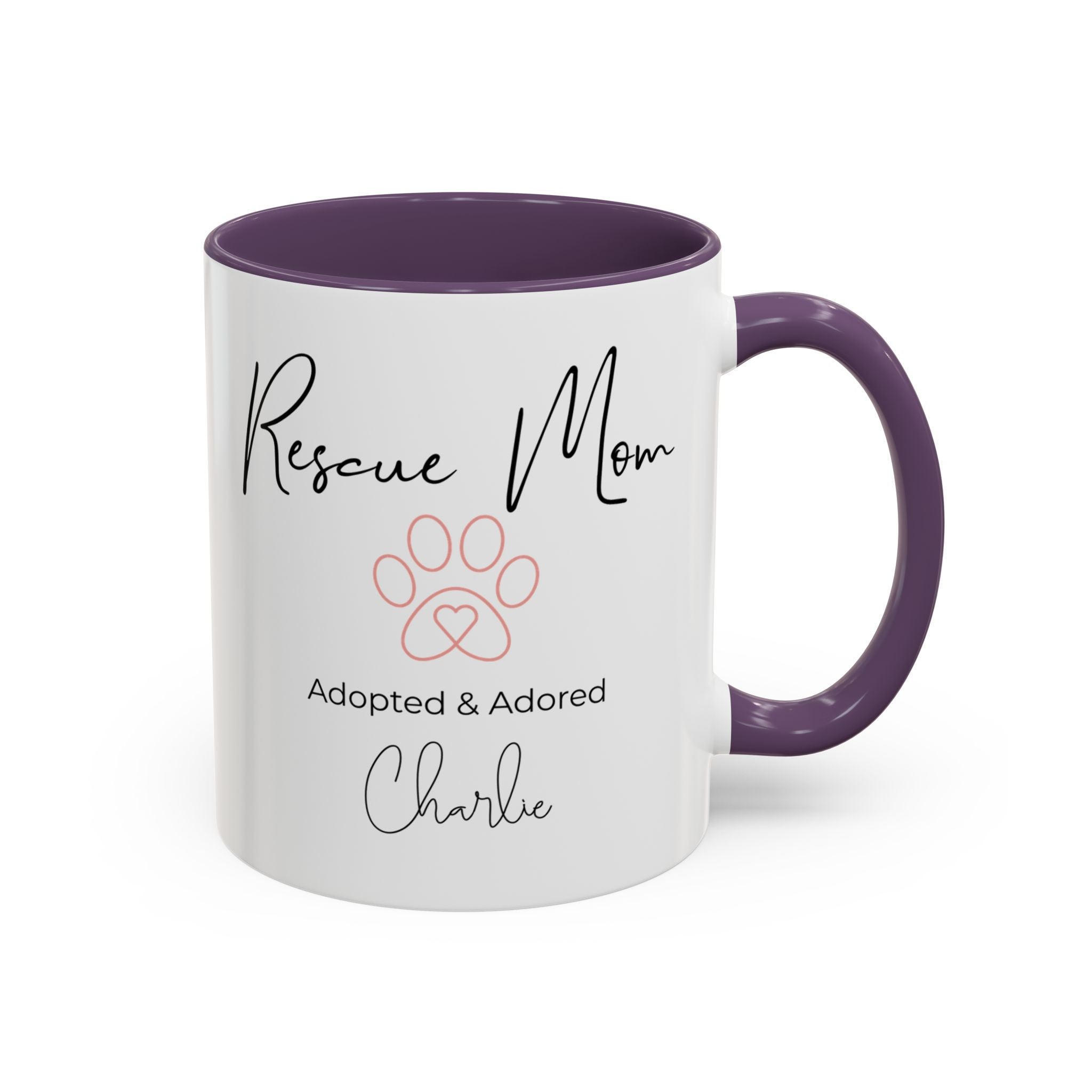 Rescue Mom Mug with Pet Name – Personalized Dog Lover Gift, Adopted & Adored, 15oz Accent Coffee Mug, Dishwasher Safe, USA Made