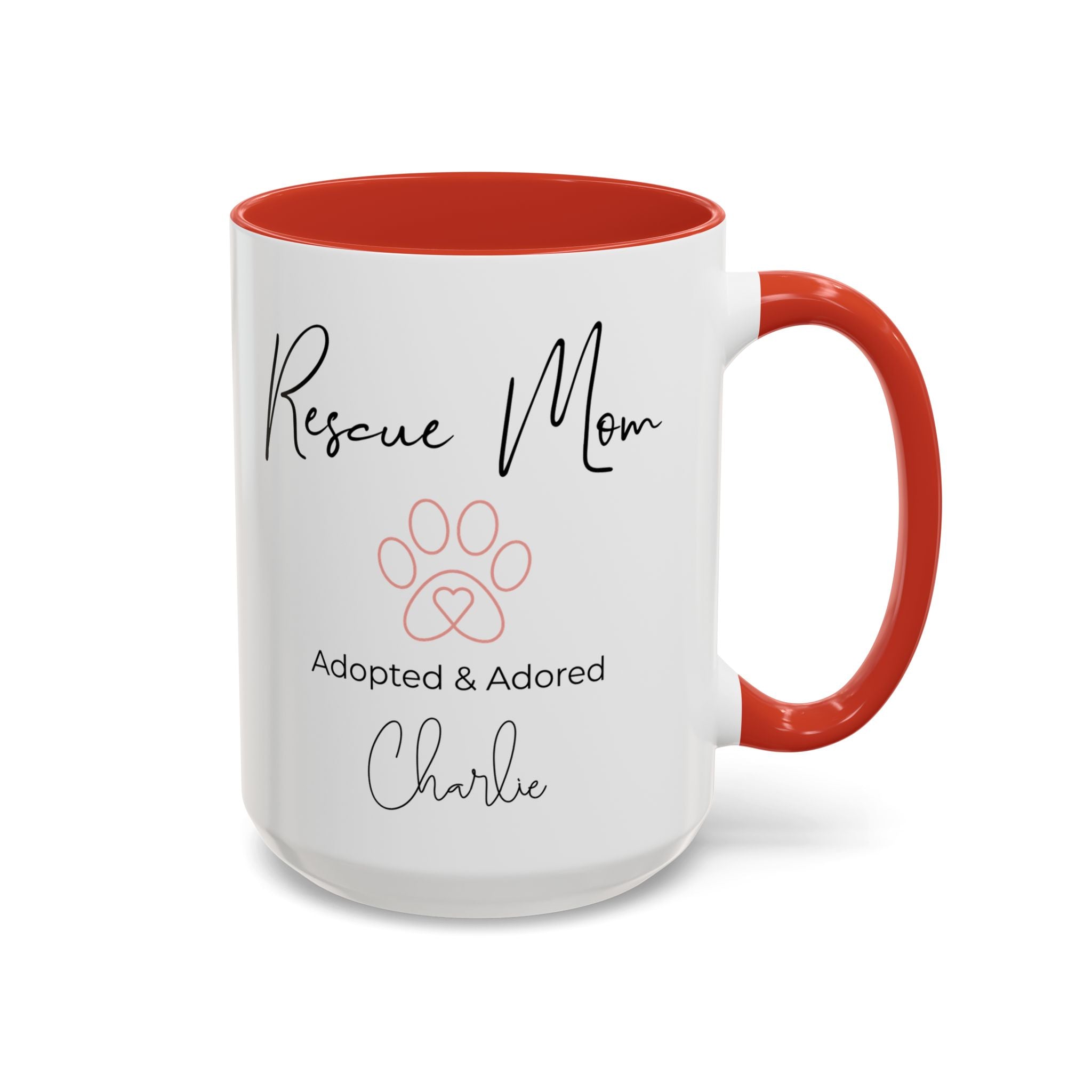 Rescue Mom Mug with Pet Name – Personalized Dog Lover Gift, Adopted & Adored, 15oz Accent Coffee Mug, Dishwasher Safe, USA Made