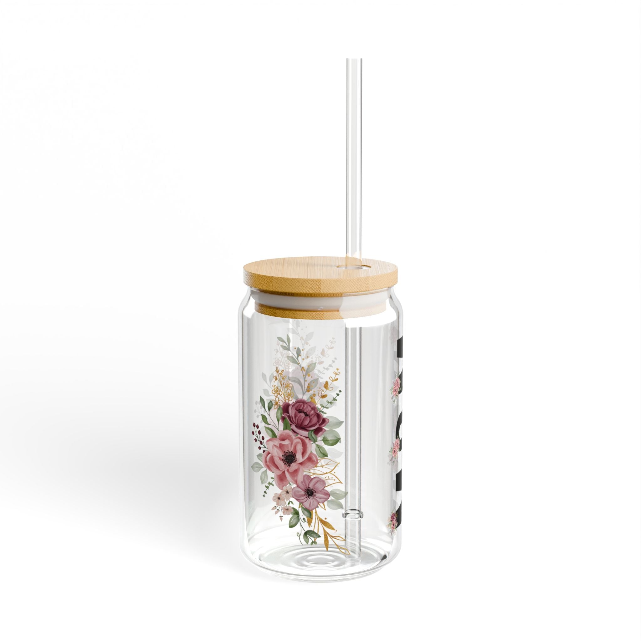 🌸 Floral Mom Life Glass Tumbler – 16oz Reusable Cup with Bamboo Lid & Straw
