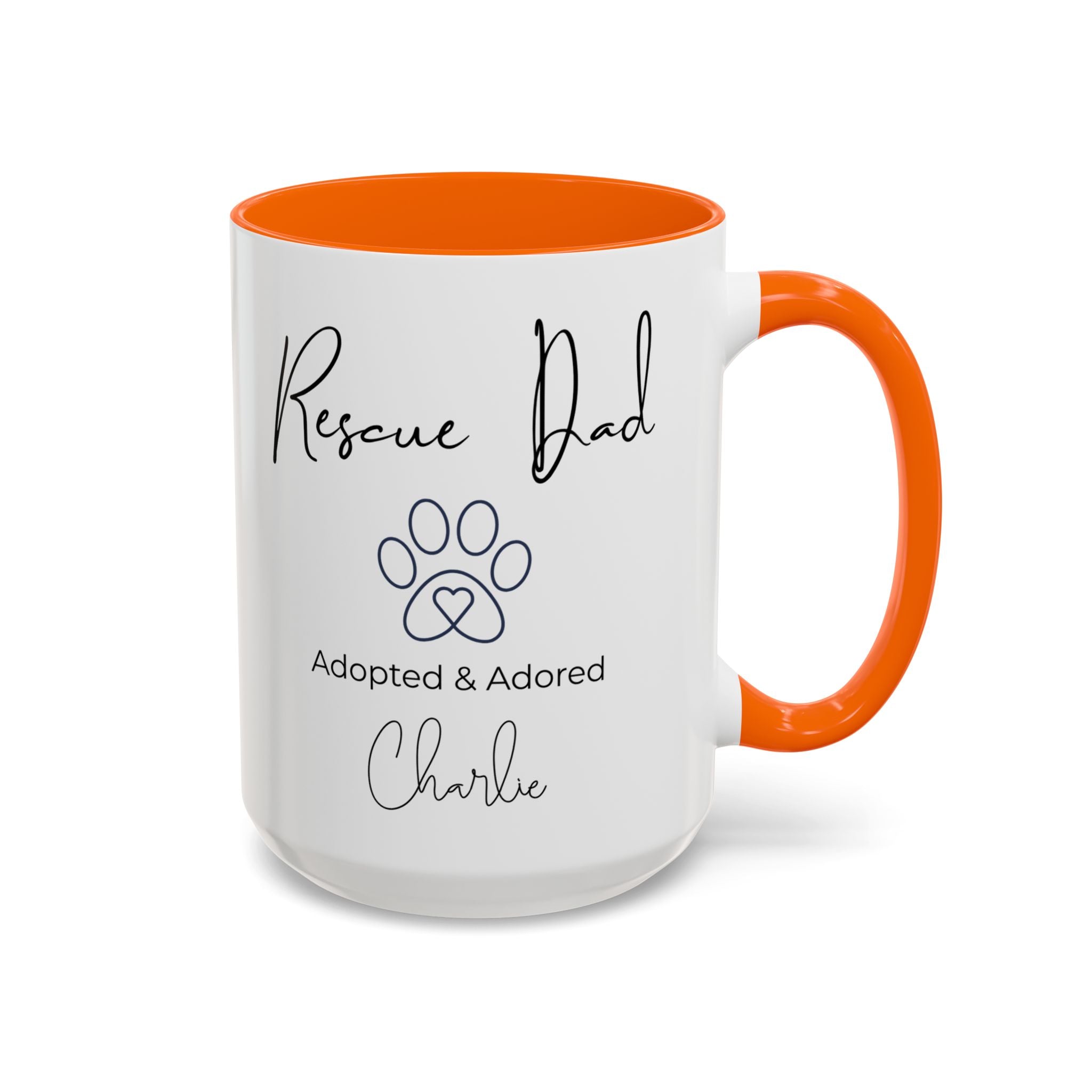 Rescue Dad Mug with Pet Name – Personalized Dog Lover Gift, Adopted & Adored, 15oz Accent Coffee Mug, Dishwasher Safe, USA Made