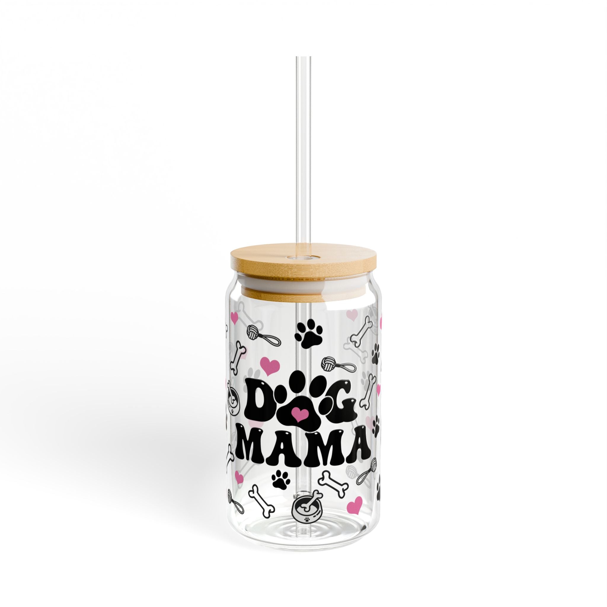 🐾 Dog Mama Glass Tumbler – 16oz Reusable Eco-Friendly Cup with Bamboo Lid & Straw