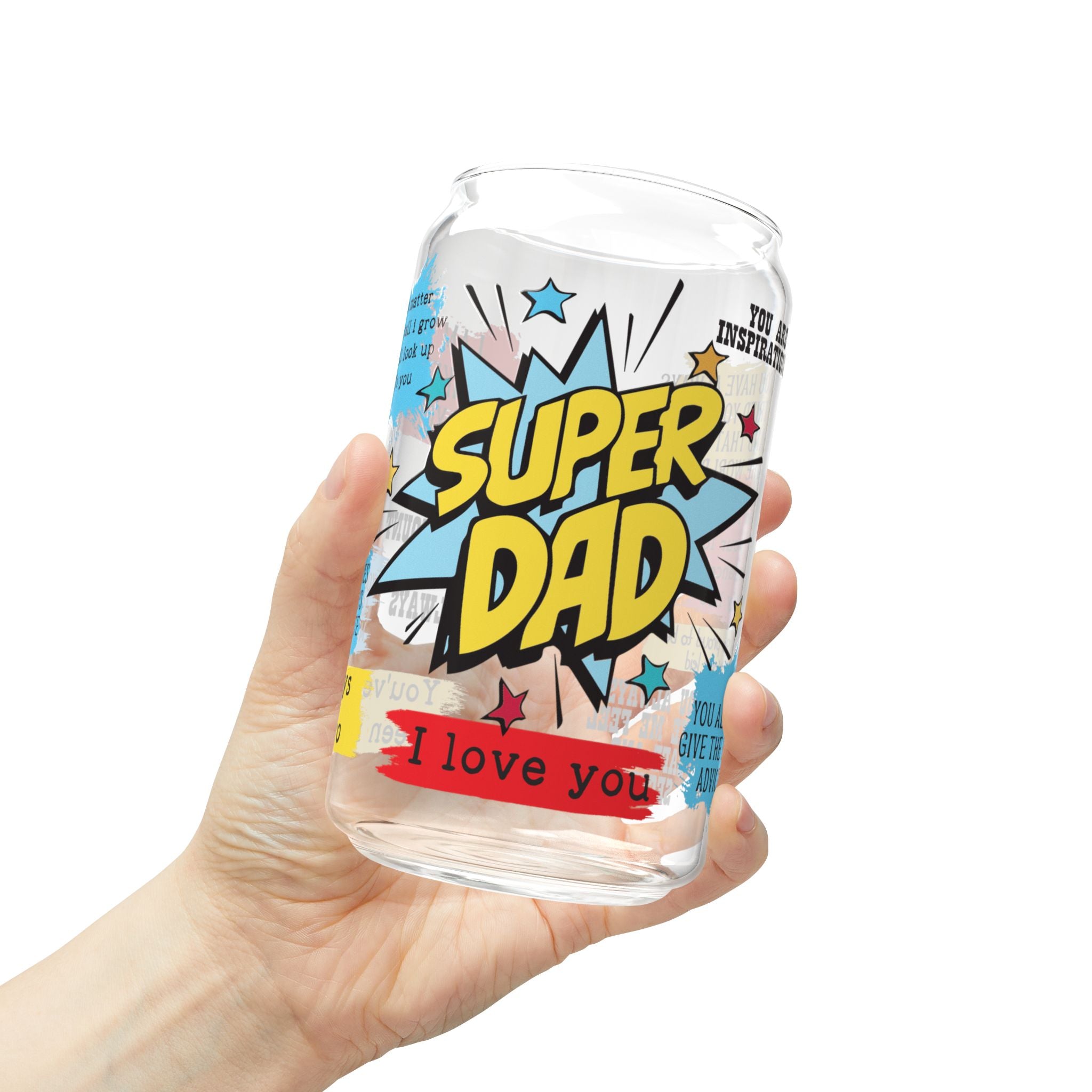 💙 Super Dad Glass Tumbler – 16oz Eco-Friendly Reusable Cup with Bamboo Lid