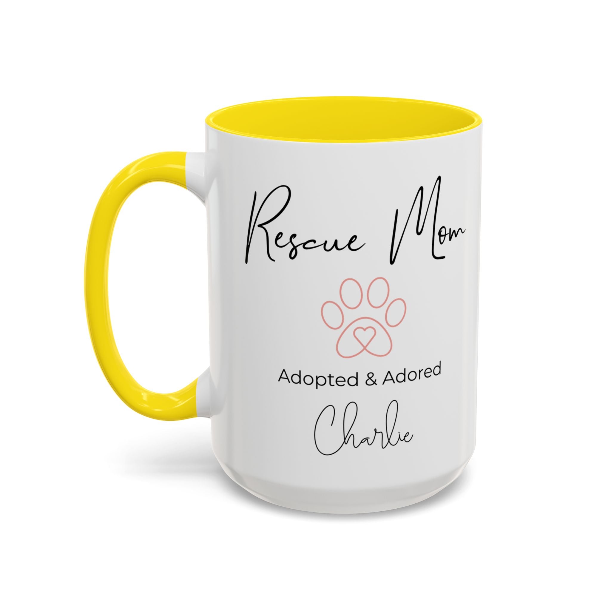 Rescue Mom Mug with Pet Name – Personalized Dog Lover Gift, Adopted & Adored, 15oz Accent Coffee Mug, Dishwasher Safe, USA Made