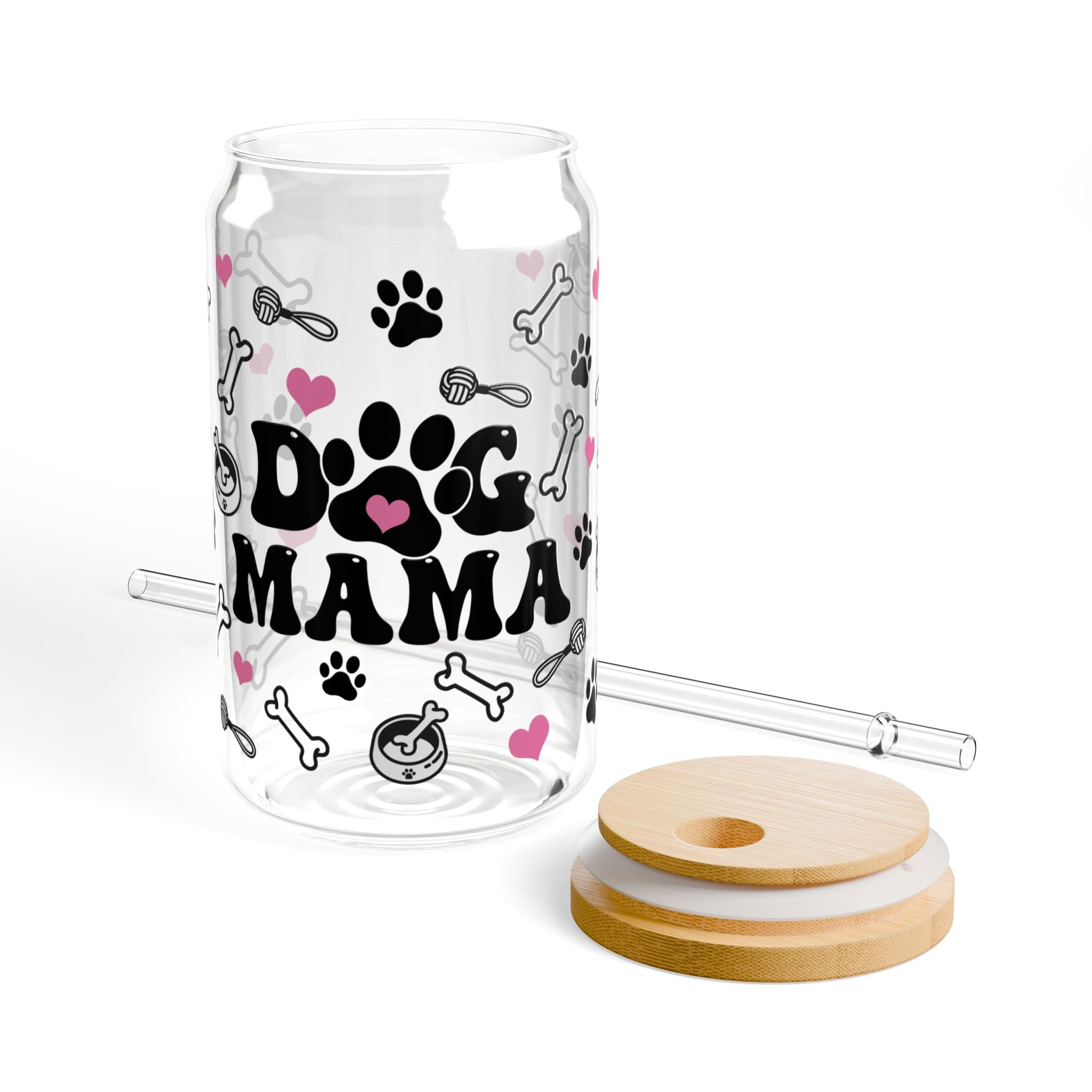 ๐พ Dog Mama Glass Tumbler โ 16oz Reusable Eco-Friendly Cup with Bamboo Lid & Straw