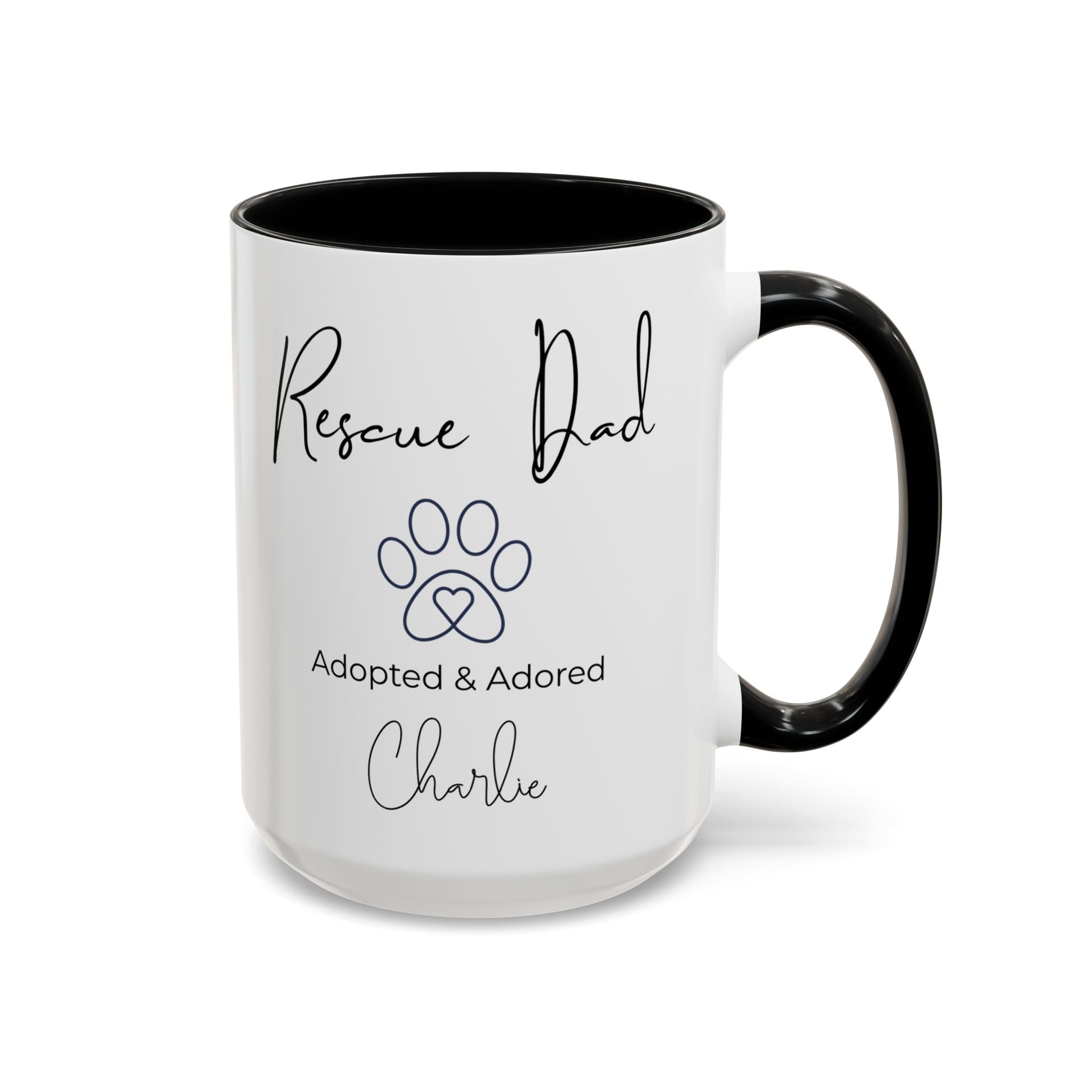 Rescue Dad Mug with Pet Name – Personalized Dog Lover Gift, Adopted & Adored, 15oz Accent Coffee Mug, Dishwasher Safe, USA Made