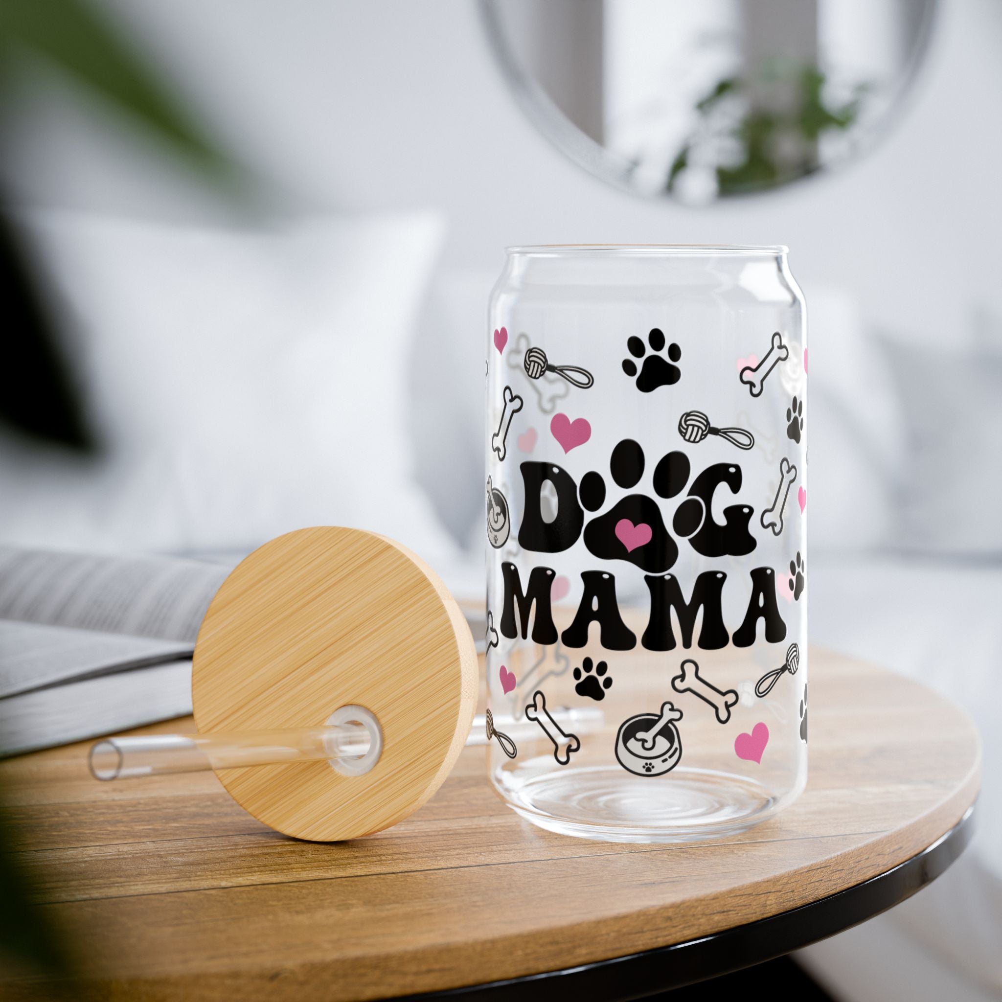 ๐พ Dog Mama Glass Tumbler โ 16oz Reusable Eco-Friendly Cup with Bamboo Lid & Straw