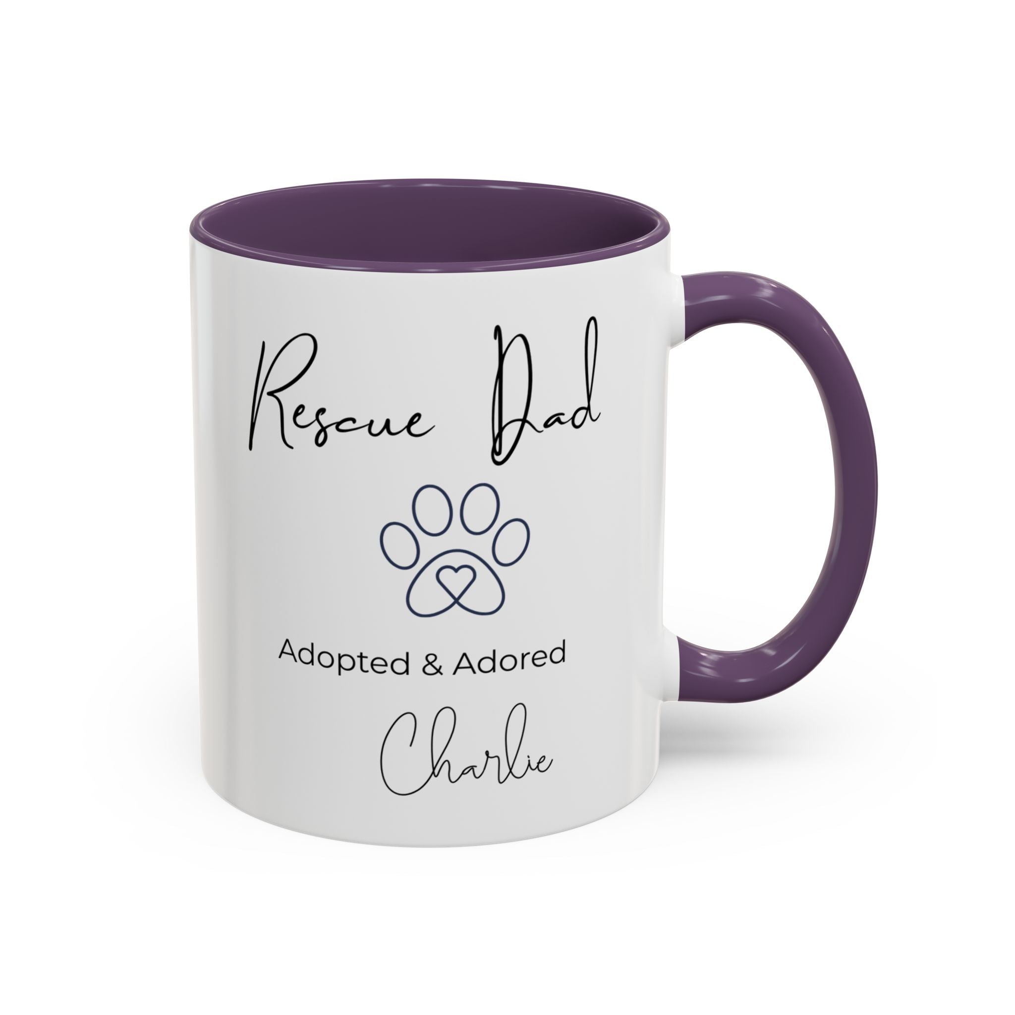 Rescue Dad Mug with Pet Name – Personalized Dog Lover Gift, Adopted & Adored, 15oz Accent Coffee Mug, Dishwasher Safe, USA Made