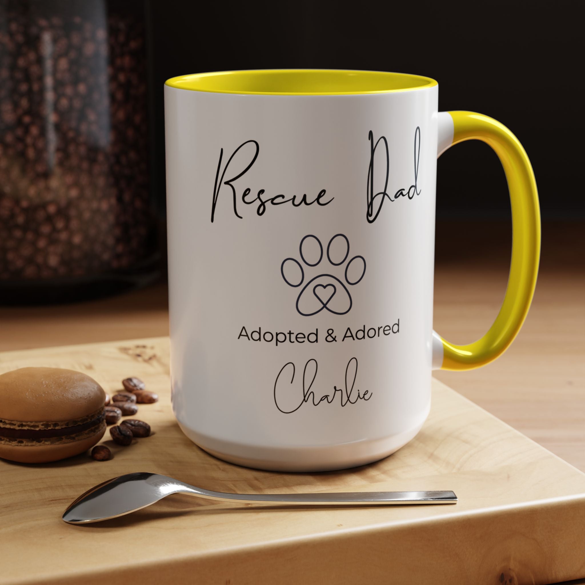 Rescue Dad Mug with Pet Name – Personalized Dog Lover Gift, Adopted & Adored, 15oz Accent Coffee Mug, Dishwasher Safe, USA Made