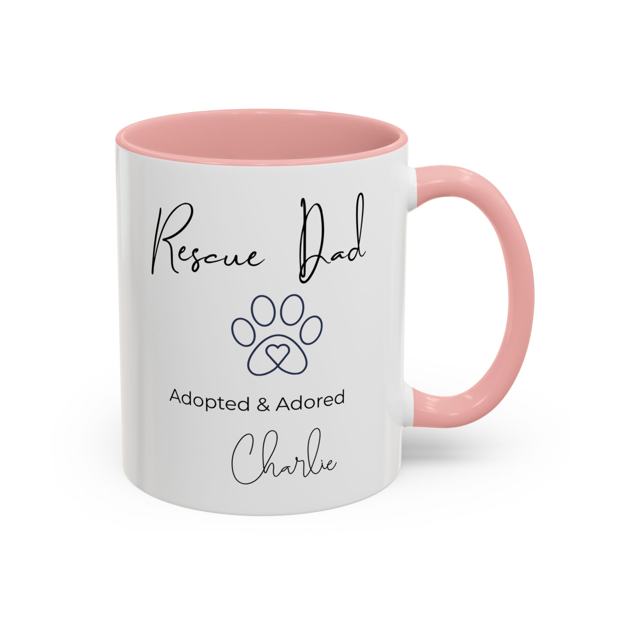 Rescue Dad Mug with Pet Name – Personalized Dog Lover Gift, Adopted & Adored, 15oz Accent Coffee Mug, Dishwasher Safe, USA Made