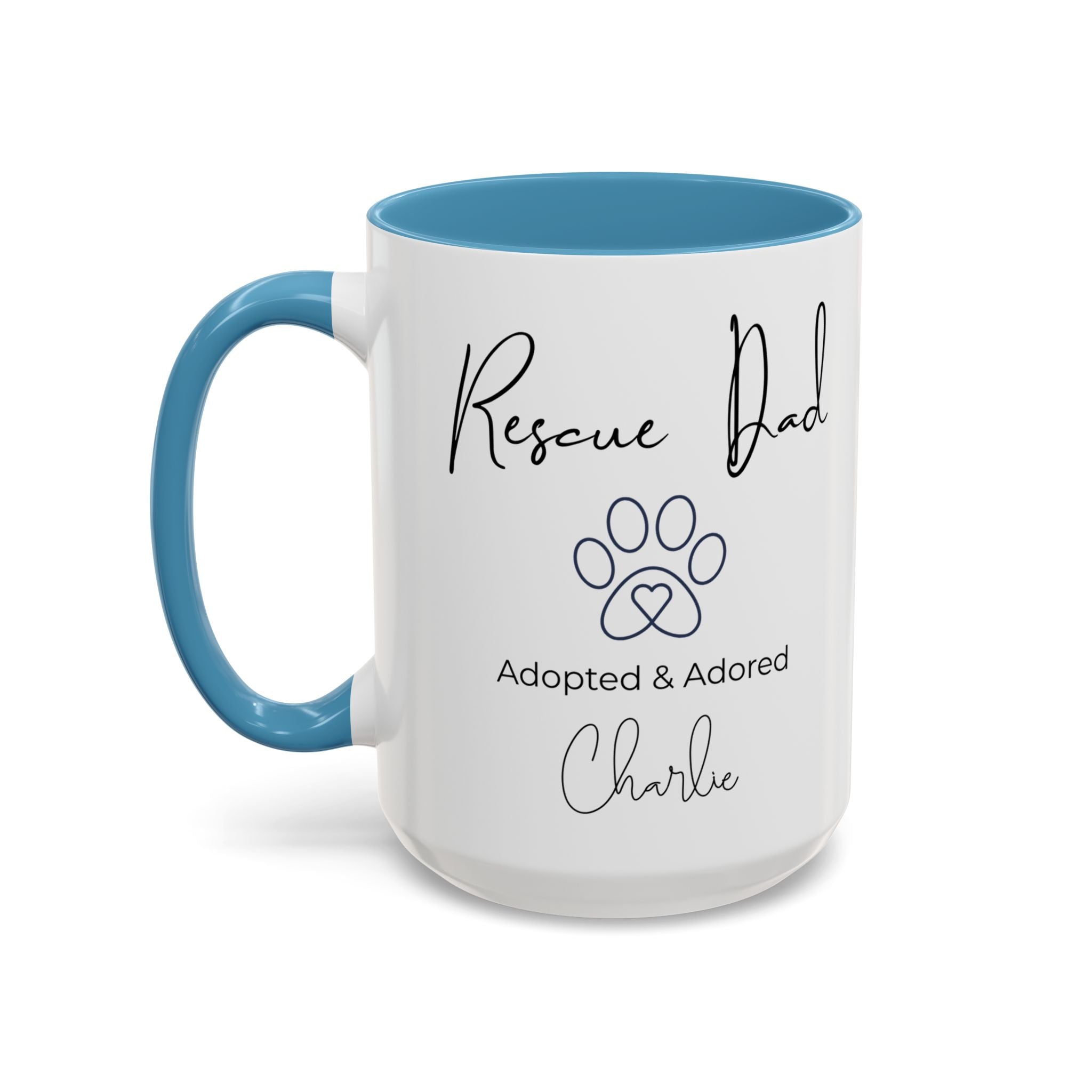 Rescue Dad Mug with Pet Name – Personalized Dog Lover Gift, Adopted & Adored, 15oz Accent Coffee Mug, Dishwasher Safe, USA Made