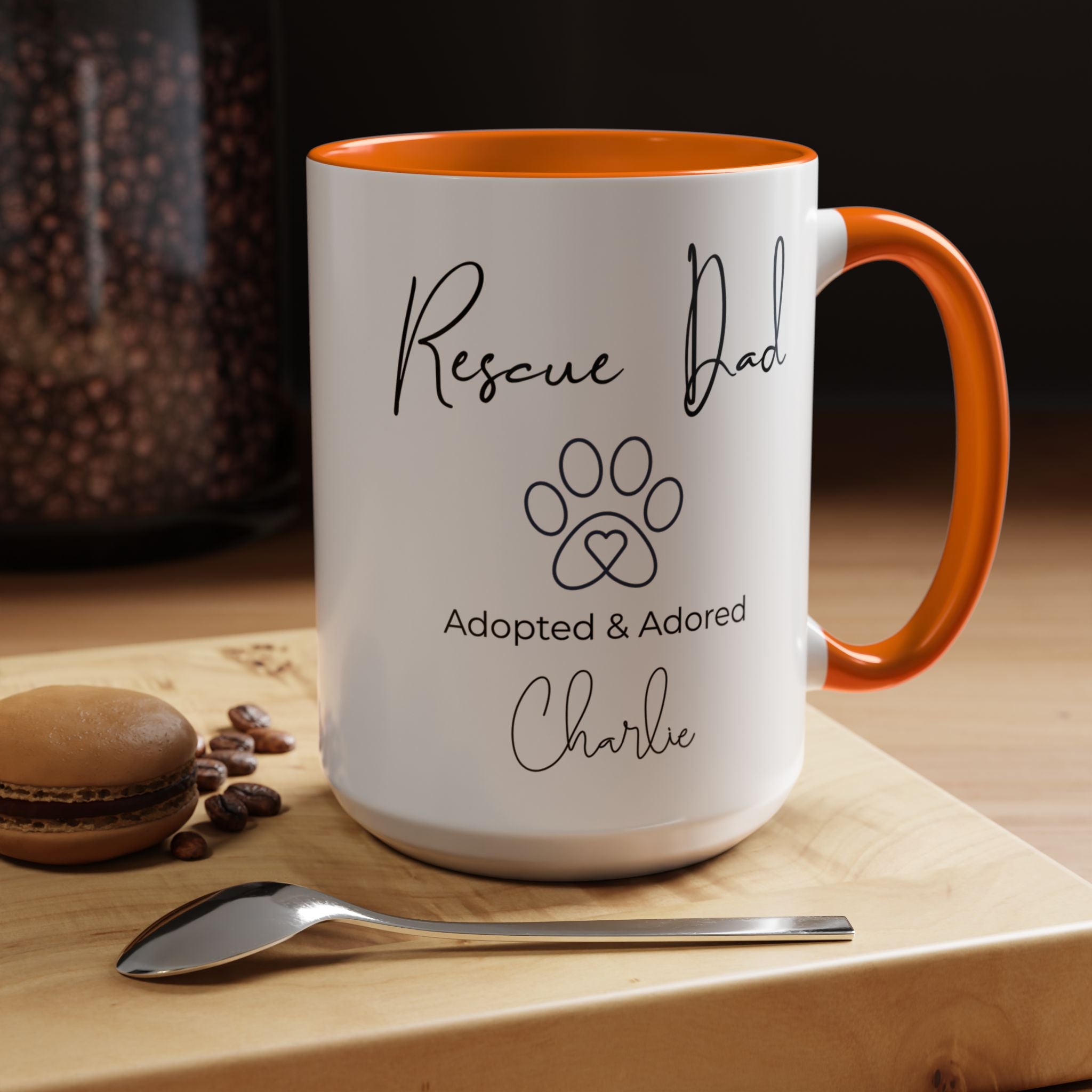 Rescue Dad Mug with Pet Name – Personalized Dog Lover Gift, Adopted & Adored, 15oz Accent Coffee Mug, Dishwasher Safe, USA Made