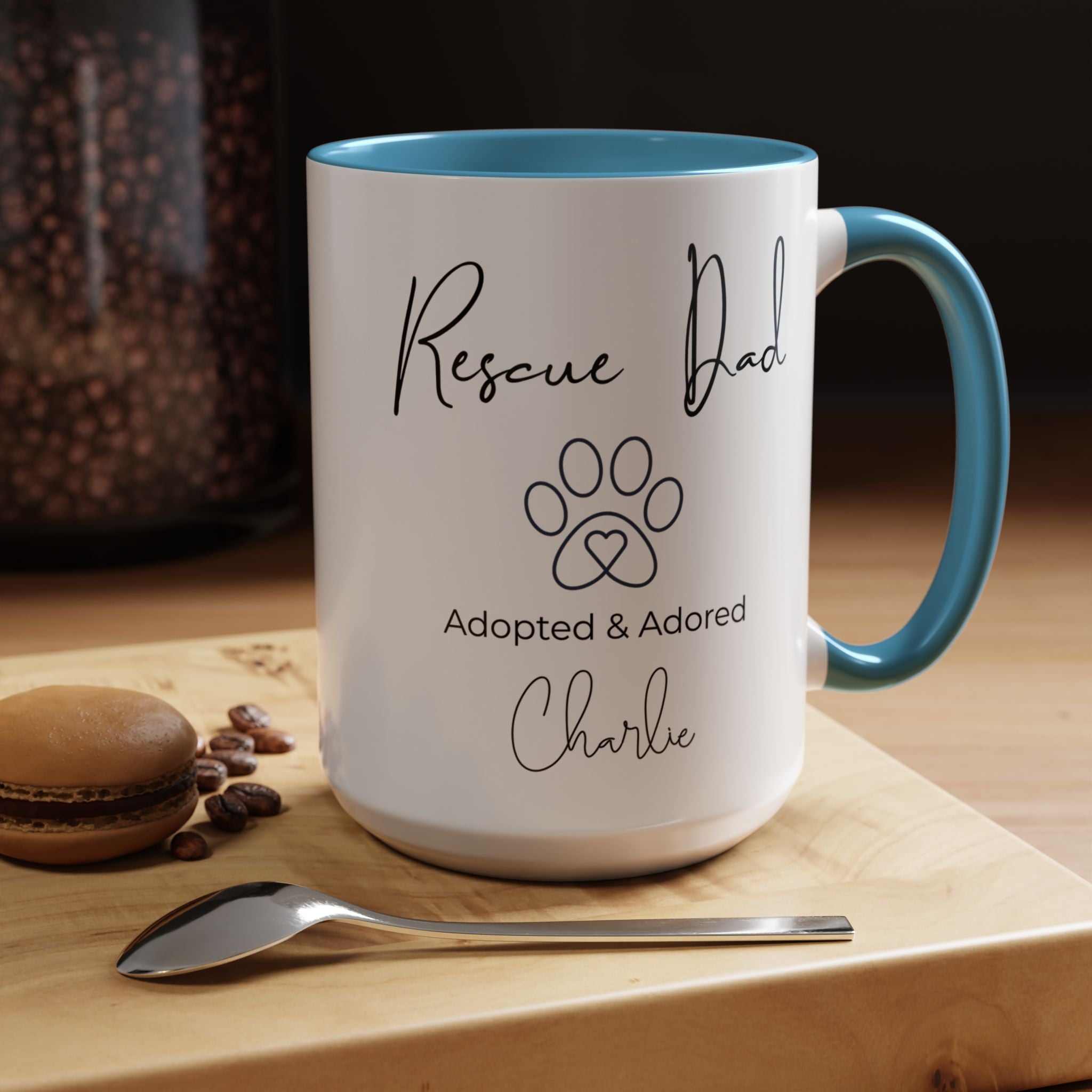 Rescue Dad Mug with Pet Name – Personalized Dog Lover Gift, Adopted & Adored, 15oz Accent Coffee Mug, Dishwasher Safe, USA Made