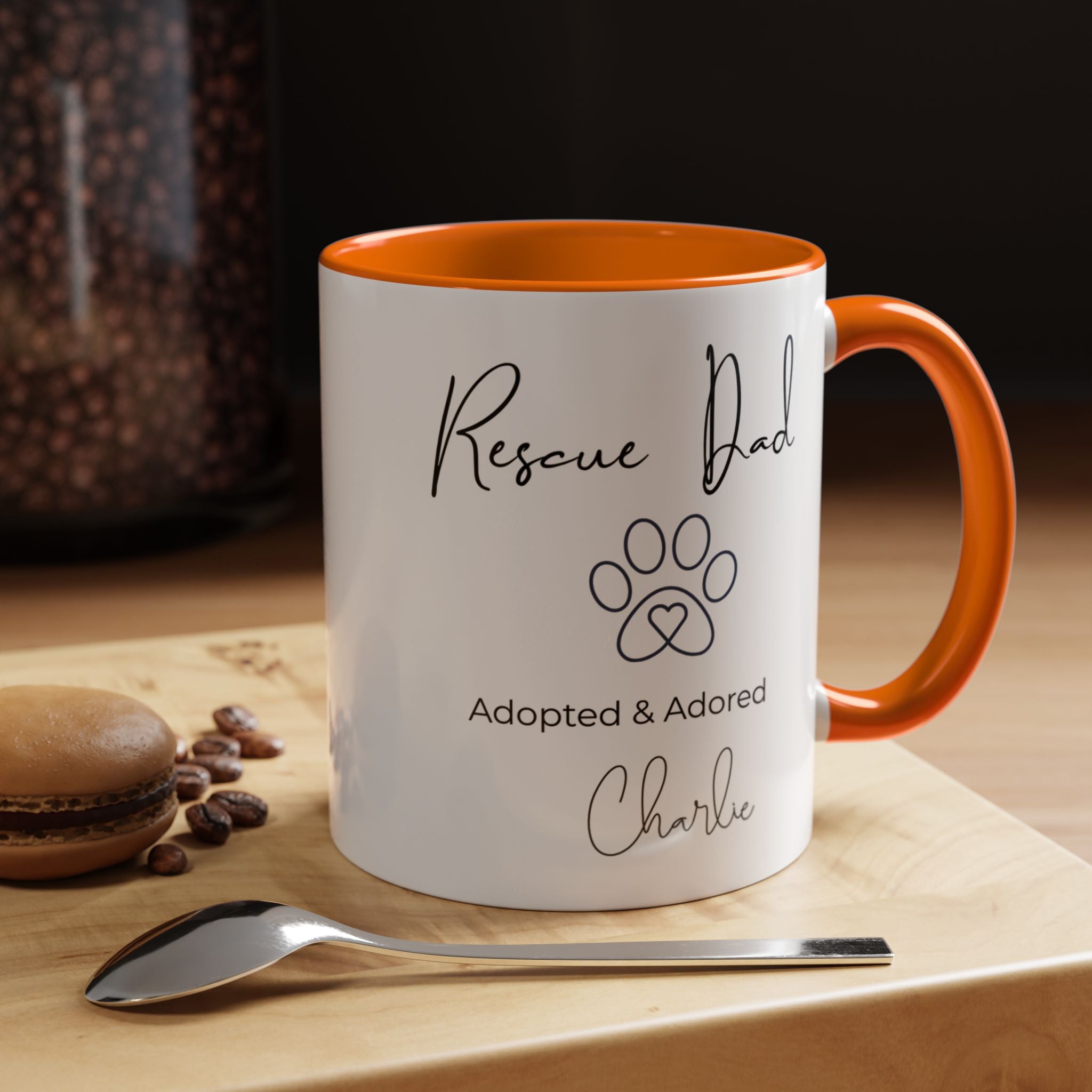 Rescue Dad Mug with Pet Name – Personalized Dog Lover Gift, Adopted & Adored, 15oz Accent Coffee Mug, Dishwasher Safe, USA Made