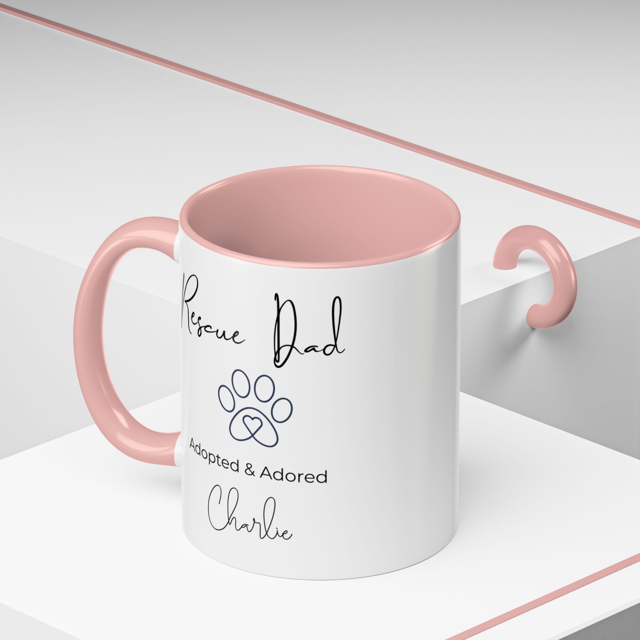 Rescue Dad Mug with Pet Name – Personalized Dog Lover Gift, Adopted & Adored, 15oz Accent Coffee Mug, Dishwasher Safe, USA Made