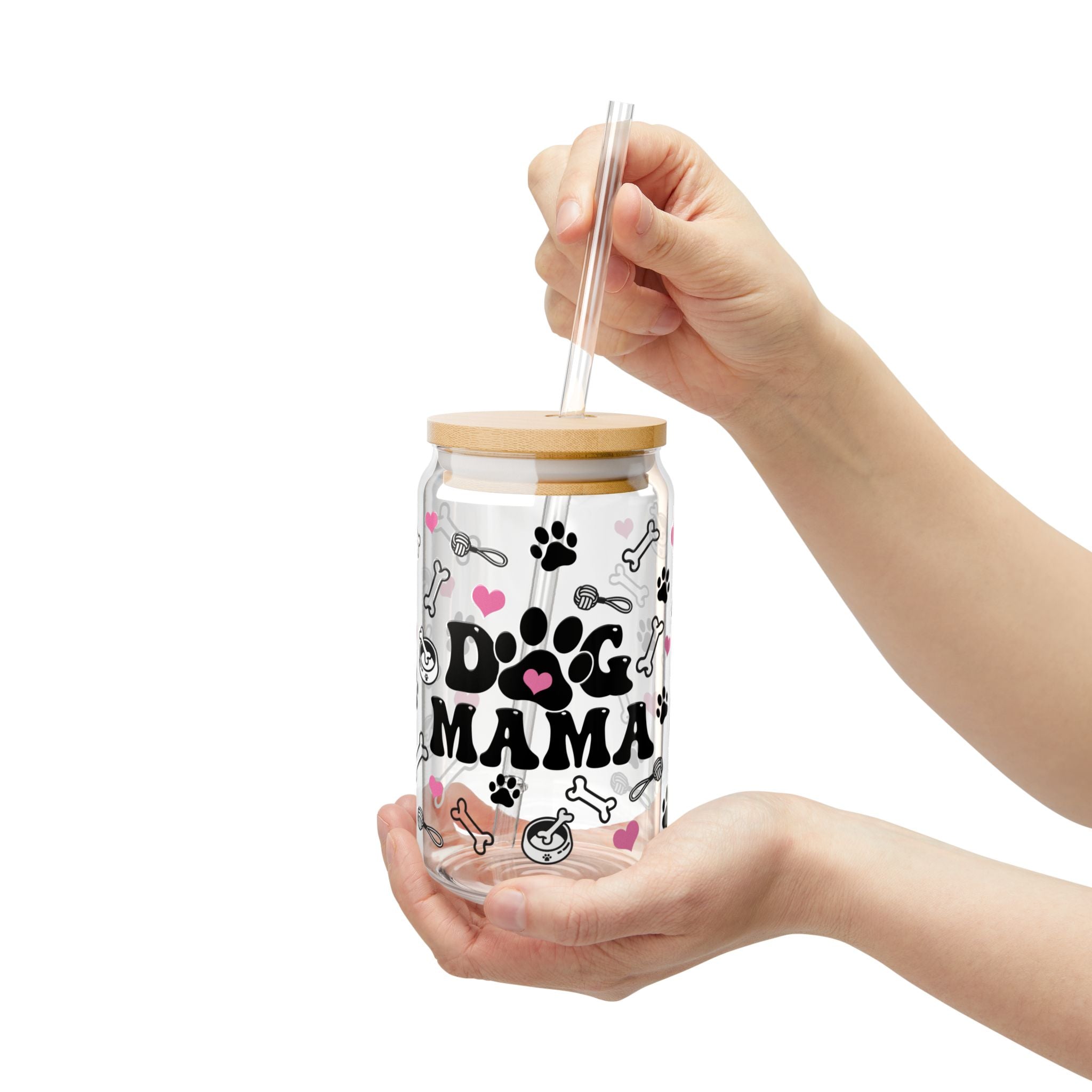 ๐พ Dog Mama Glass Tumbler โ 16oz Reusable Eco-Friendly Cup with Bamboo Lid & Straw
