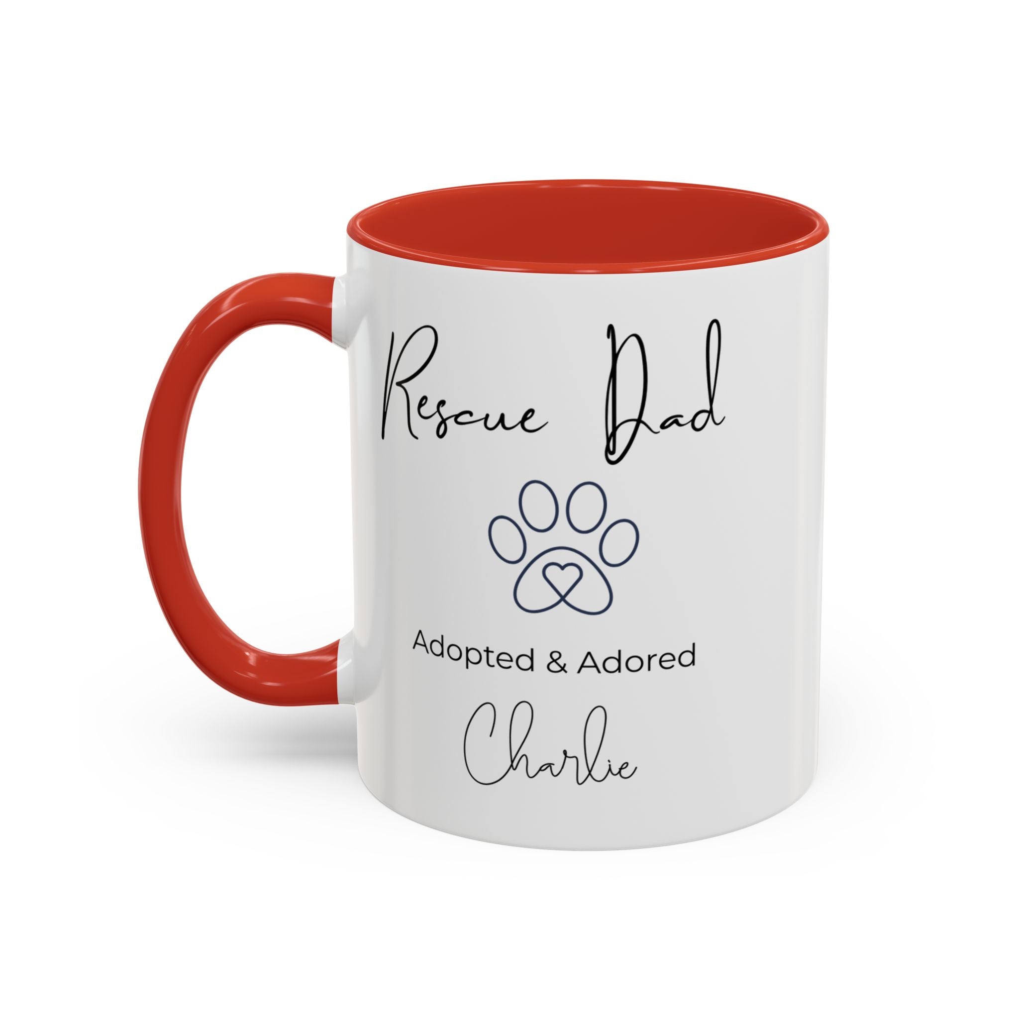 Rescue Dad Mug with Pet Name – Personalized Dog Lover Gift, Adopted & Adored, 15oz Accent Coffee Mug, Dishwasher Safe, USA Made