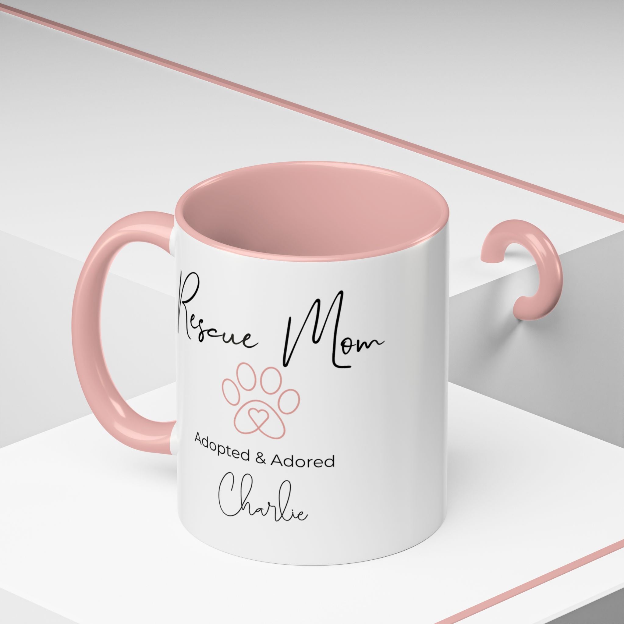 Rescue Mom Mug with Pet Name – Personalized Dog Lover Gift, Adopted & Adored, 15oz Accent Coffee Mug, Dishwasher Safe, USA Made