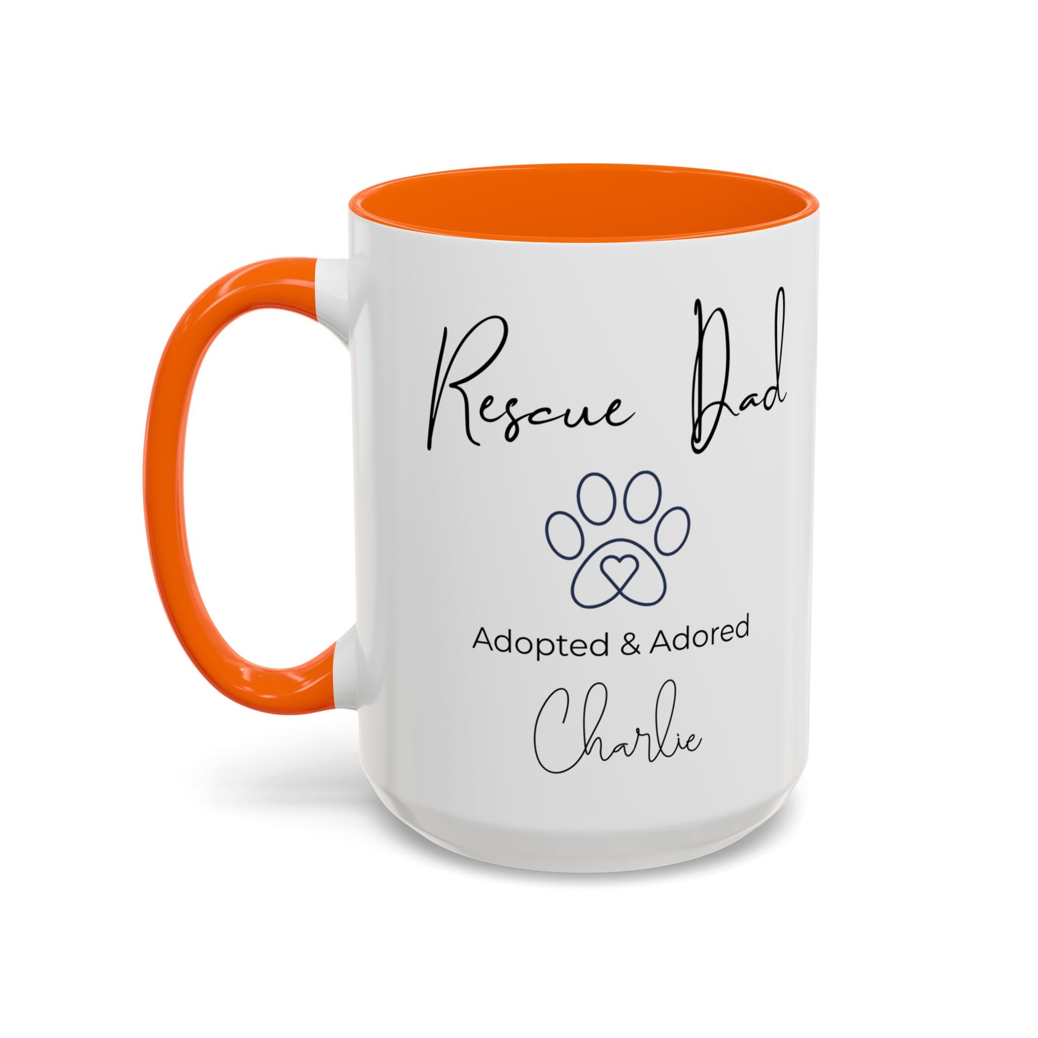 Rescue Dad Mug with Pet Name – Personalized Dog Lover Gift, Adopted & Adored, 15oz Accent Coffee Mug, Dishwasher Safe, USA Made