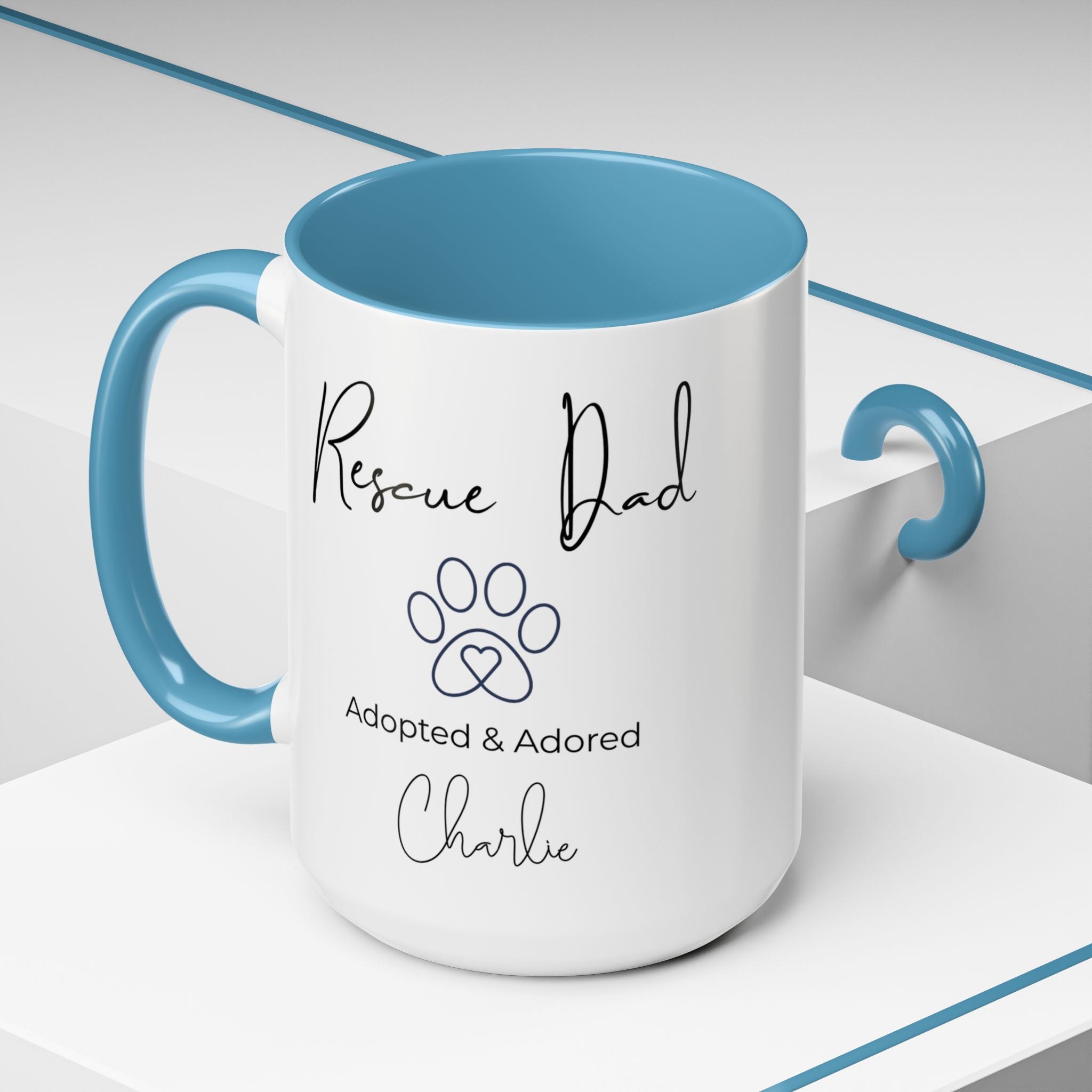 Rescue Dad Mug with Pet Name – Personalized Dog Lover Gift, Adopted & Adored, 15oz Accent Coffee Mug, Dishwasher Safe, USA Made