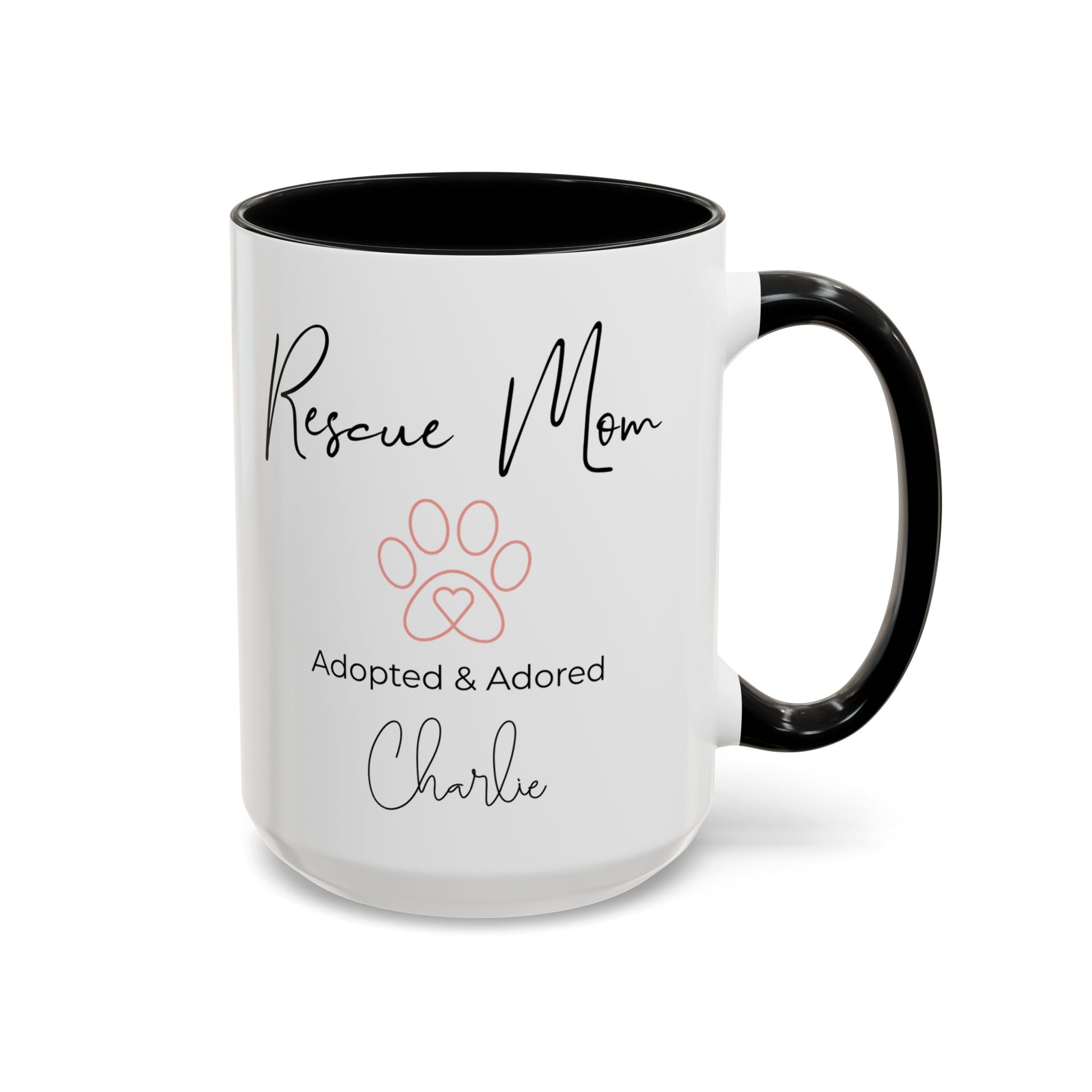 Rescue Mom Mug with Pet Name – Personalized Dog Lover Gift, Adopted & Adored, 15oz Accent Coffee Mug, Dishwasher Safe, USA Made