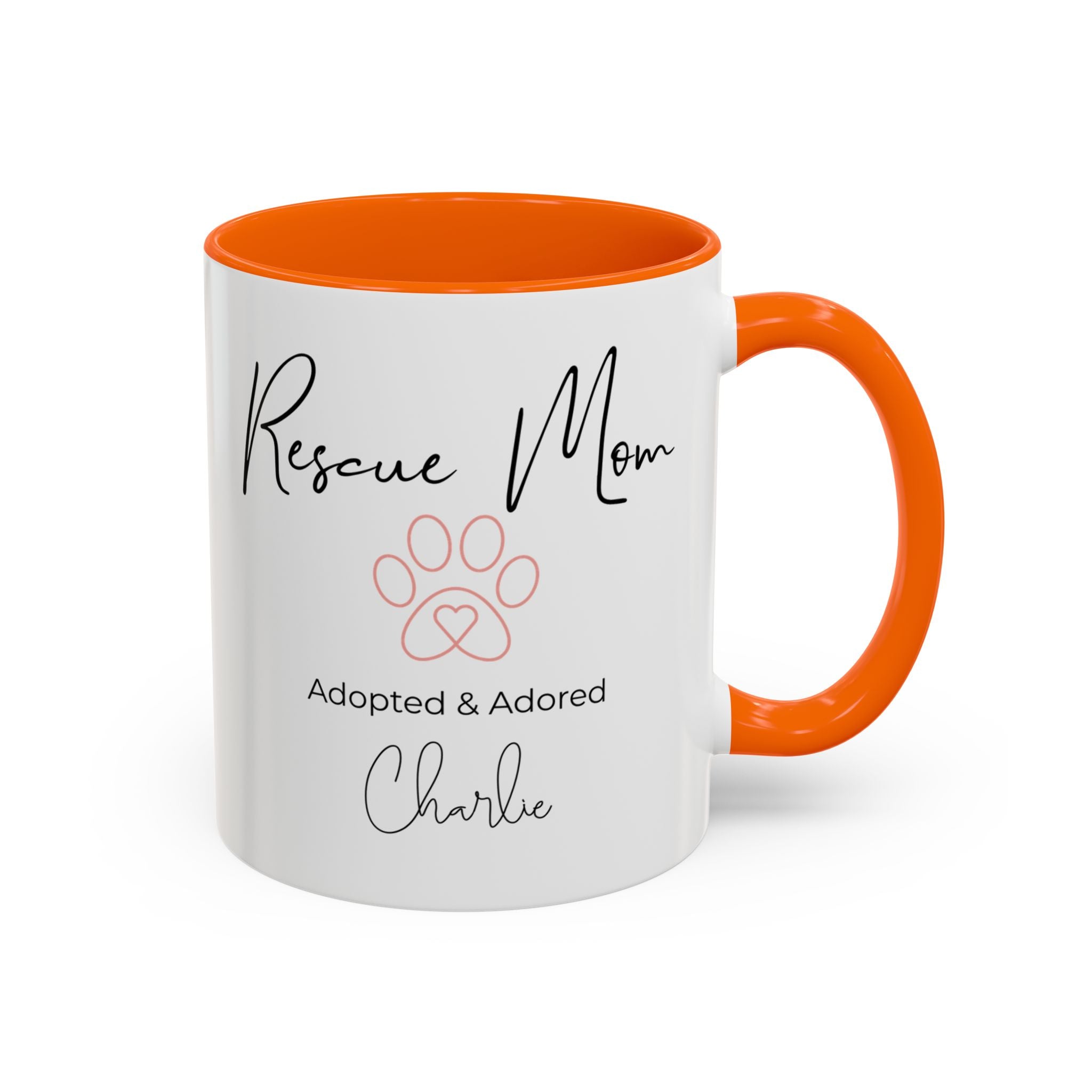 Rescue Mom Mug with Pet Name – Personalized Dog Lover Gift, Adopted & Adored, 15oz Accent Coffee Mug, Dishwasher Safe, USA Made