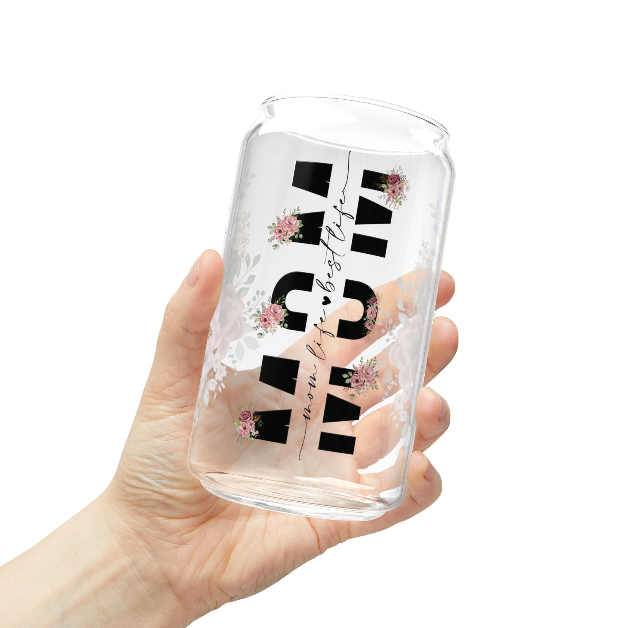 🌸 Floral Mom Life Glass Tumbler – 16oz Reusable Cup with Bamboo Lid & Straw