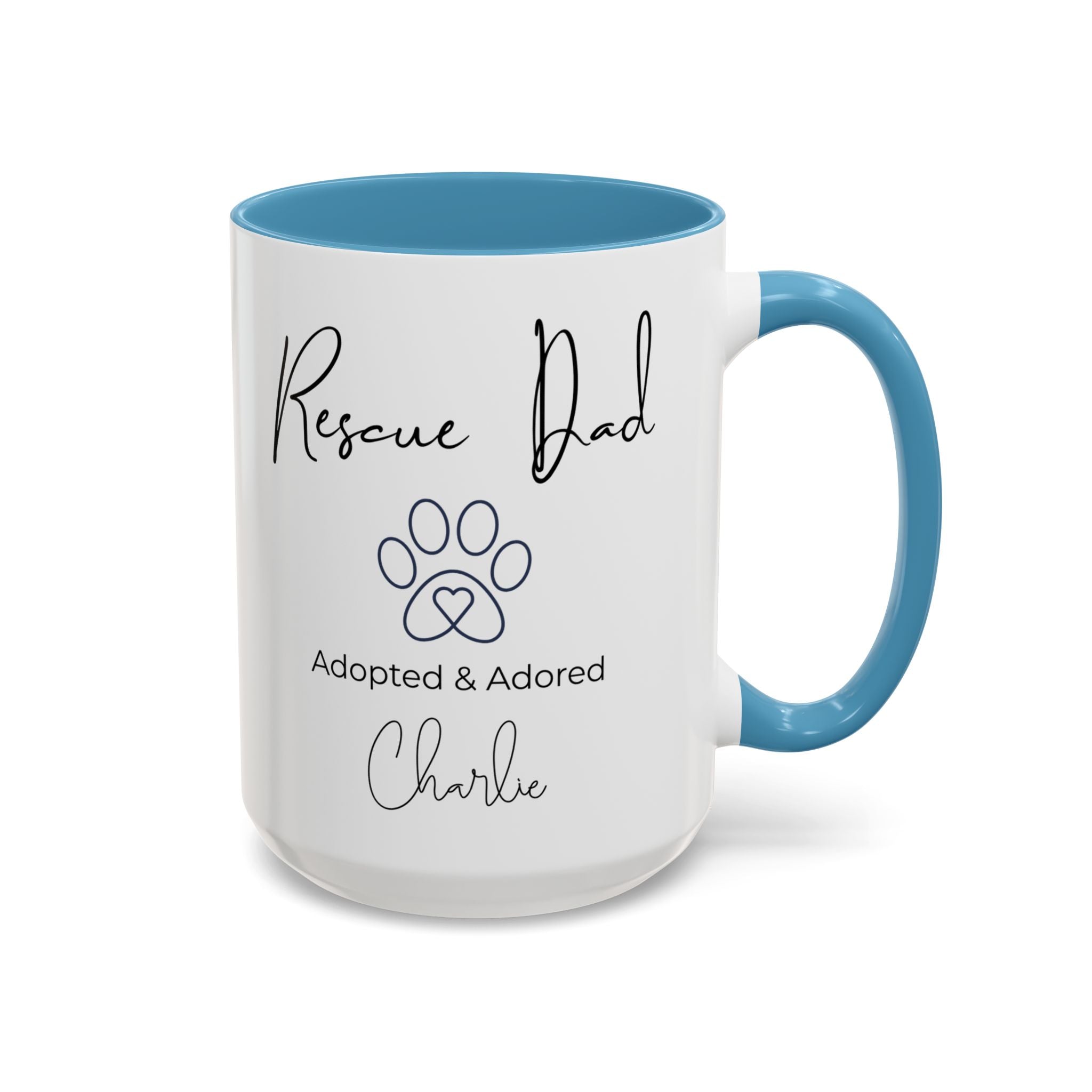 Rescue Dad Mug with Pet Name – Personalized Dog Lover Gift, Adopted & Adored, 15oz Accent Coffee Mug, Dishwasher Safe, USA Made