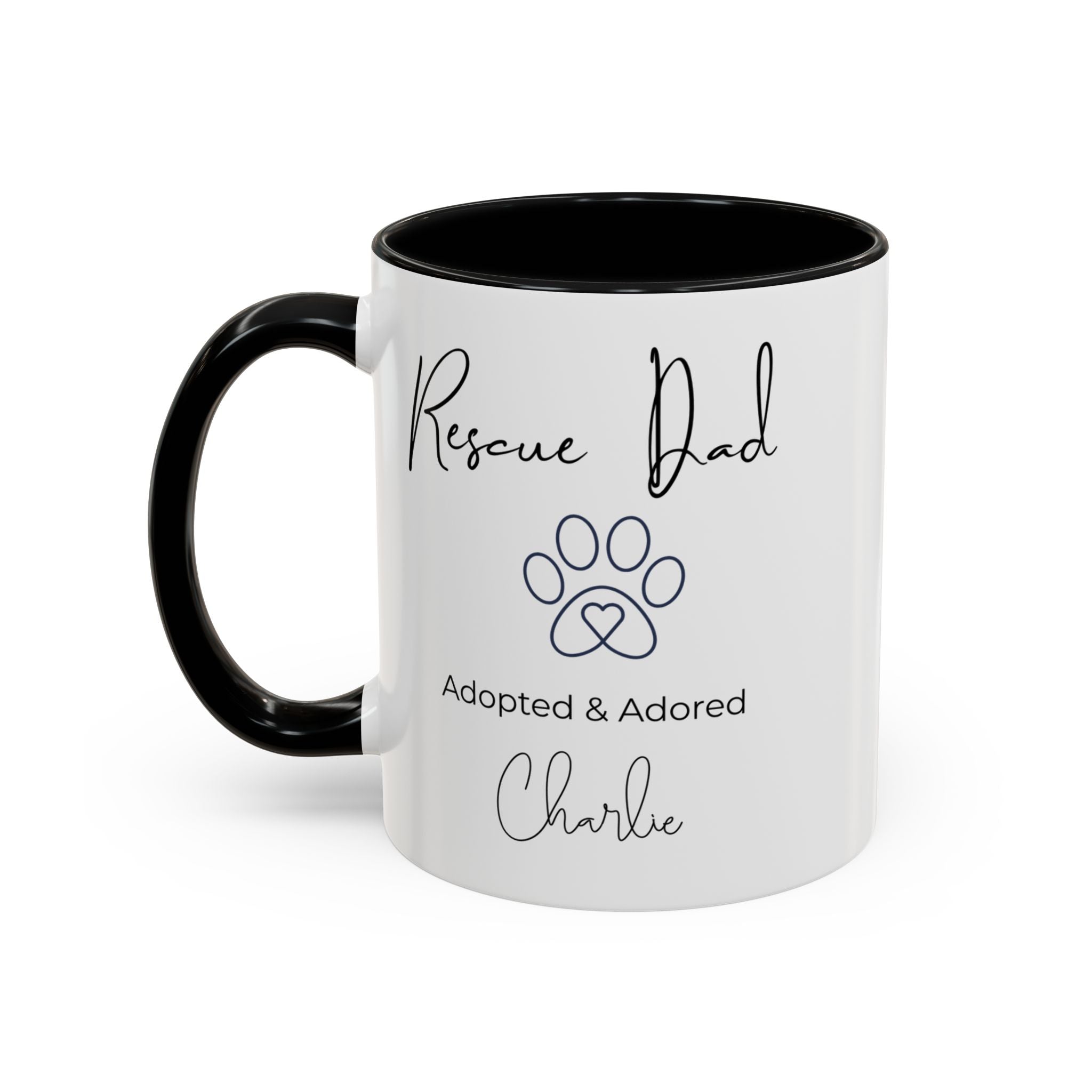 Rescue Dad Mug with Pet Name – Personalized Dog Lover Gift, Adopted & Adored, 15oz Accent Coffee Mug, Dishwasher Safe, USA Made