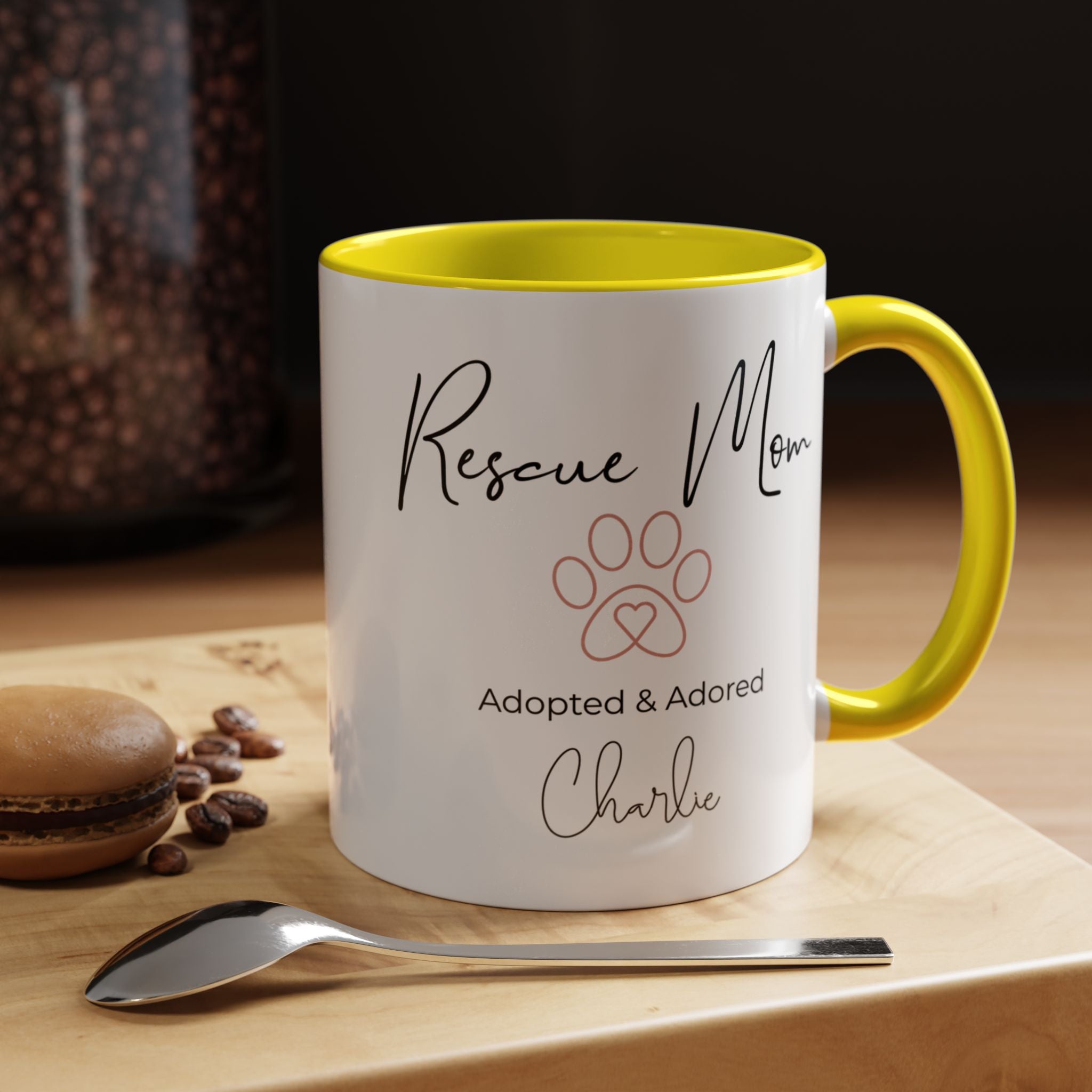 Rescue Mom Mug with Pet Name – Personalized Dog Lover Gift, Adopted & Adored, 15oz Accent Coffee Mug, Dishwasher Safe, USA Made