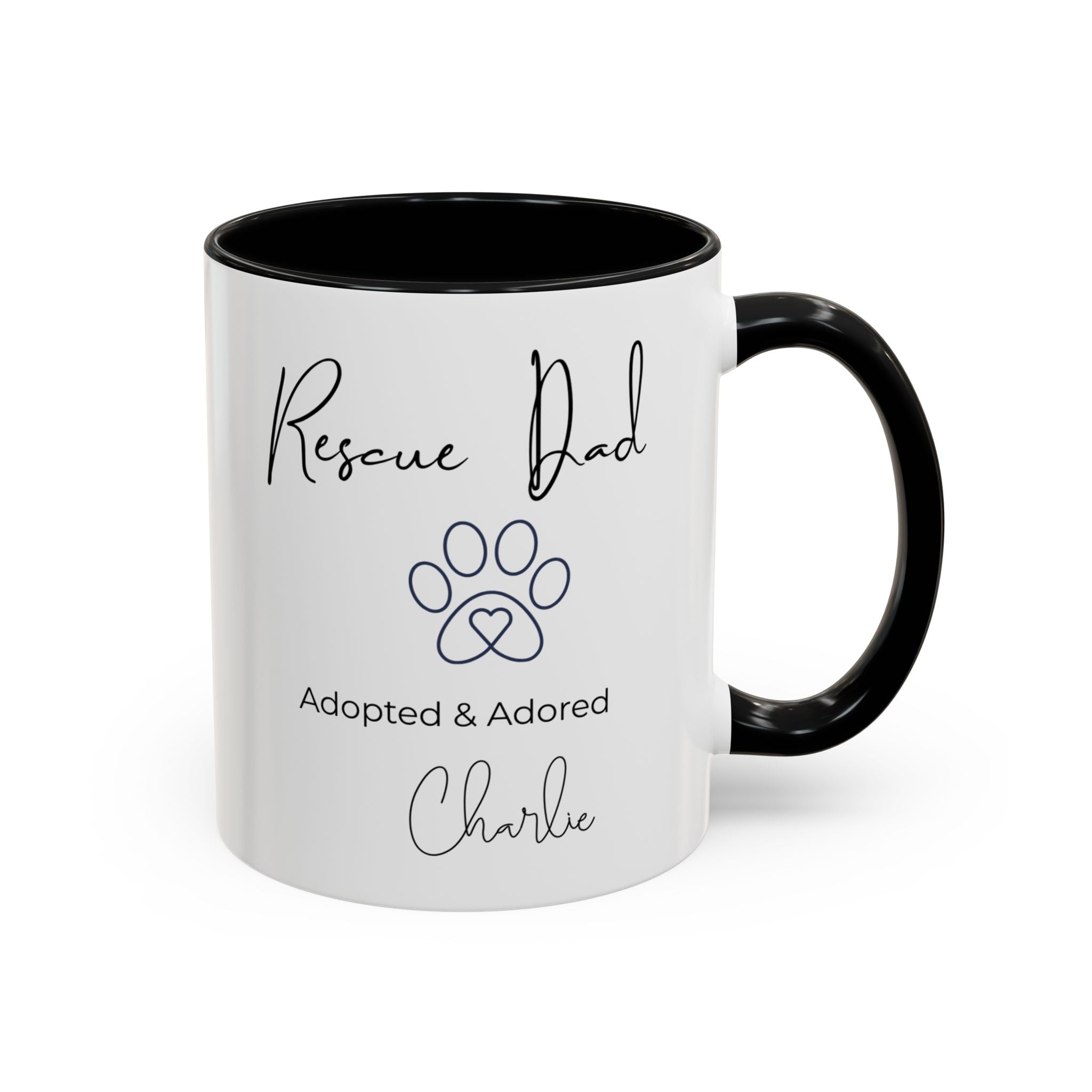 Rescue Dad Mug with Pet Name – Personalized Dog Lover Gift, Adopted & Adored, 15oz Accent Coffee Mug, Dishwasher Safe, USA Made