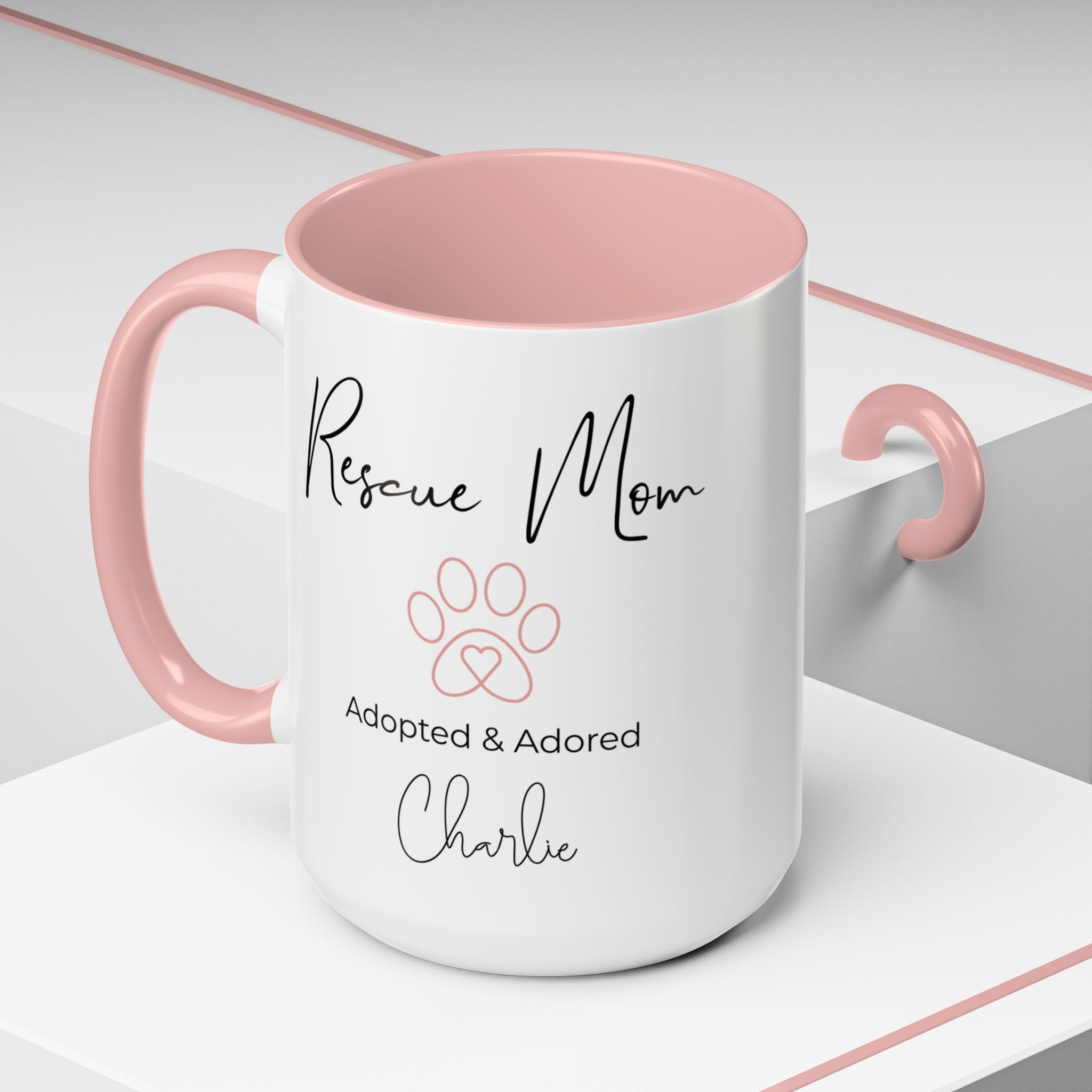 Rescue Mom Mug with Pet Name – Personalized Dog Lover Gift, Adopted & Adored, 15oz Accent Coffee Mug, Dishwasher Safe, USA Made