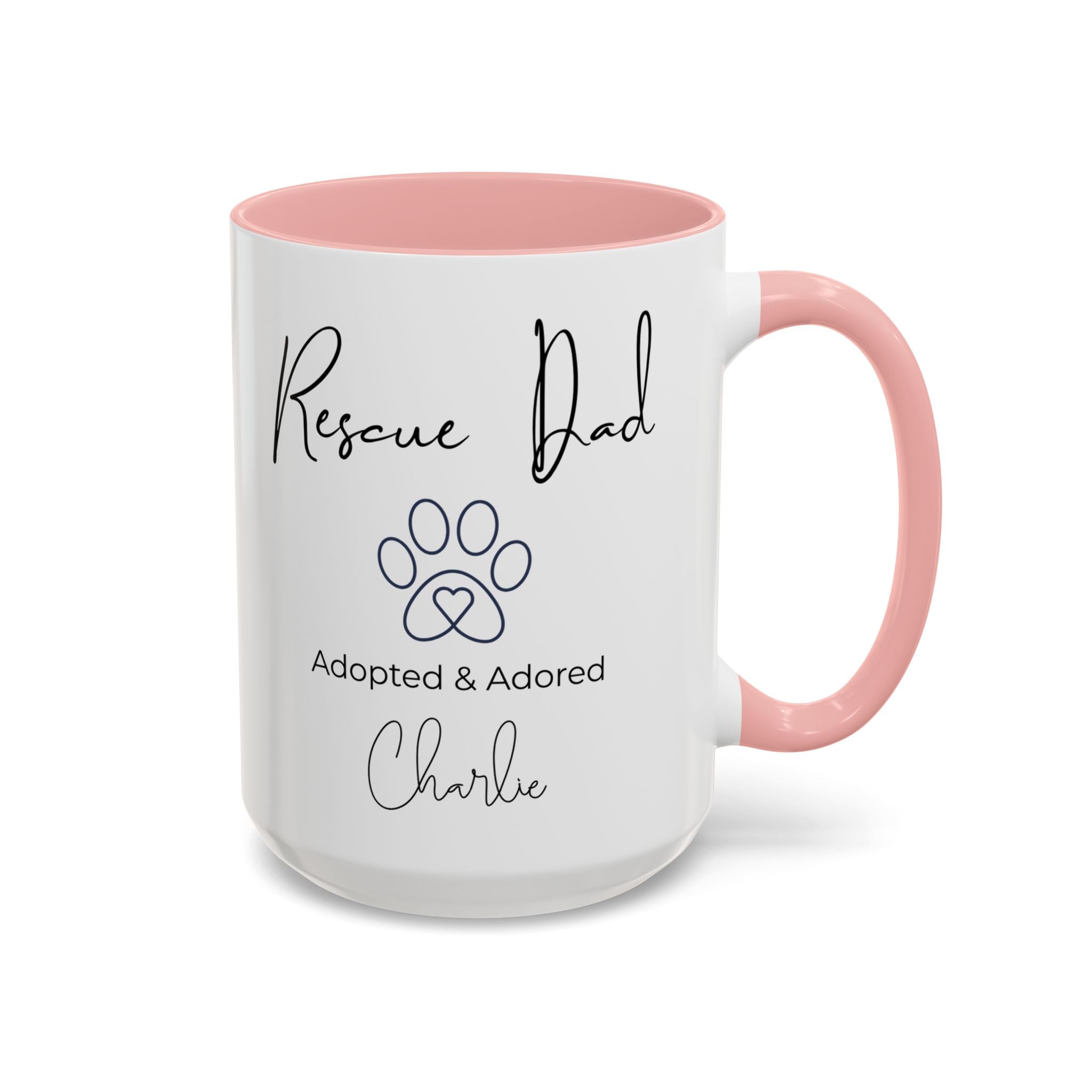 Rescue Dad Mug with Pet Name – Personalized Dog Lover Gift, Adopted & Adored, 15oz Accent Coffee Mug, Dishwasher Safe, USA Made