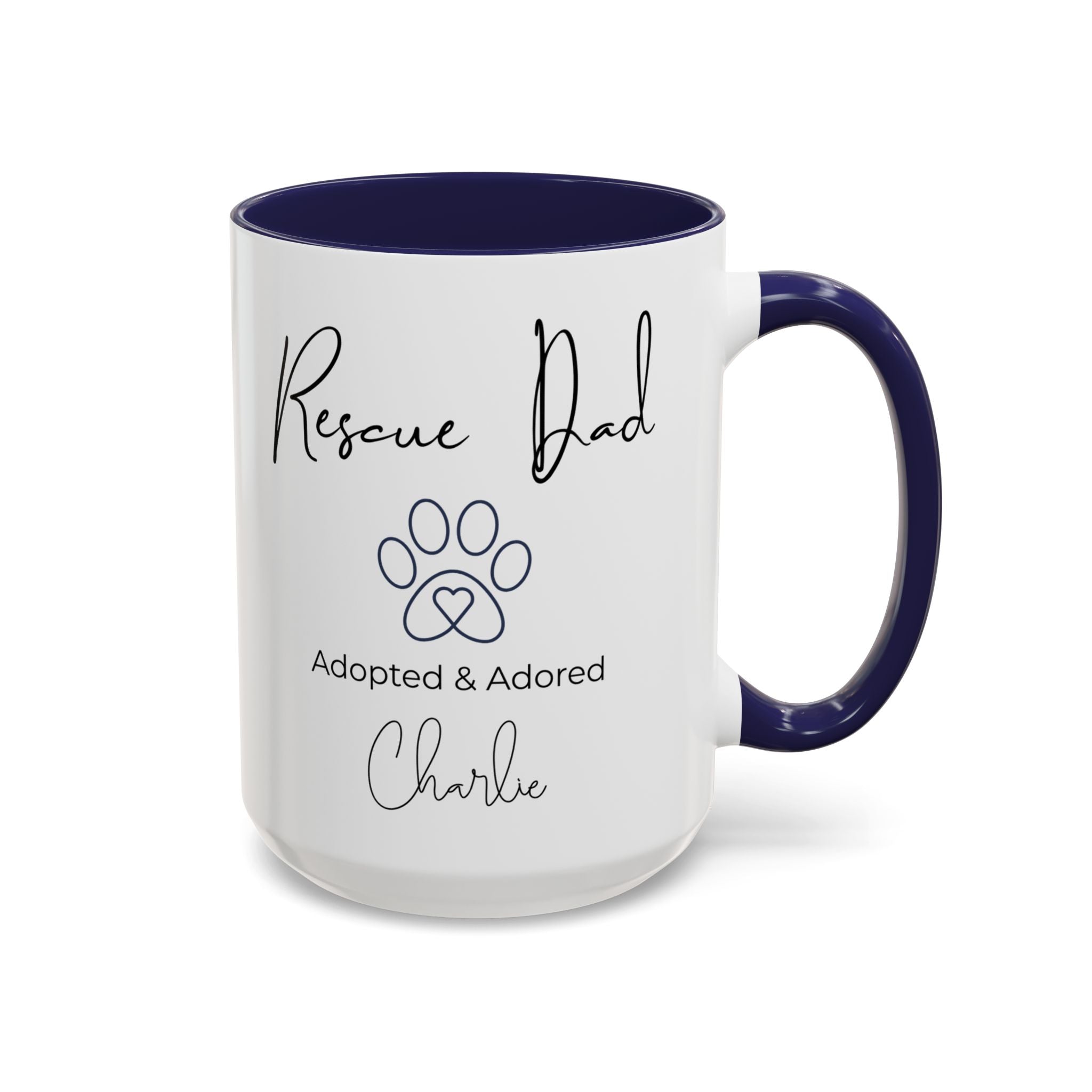 Rescue Dad Mug with Pet Name – Personalized Dog Lover Gift, Adopted & Adored, 15oz Accent Coffee Mug, Dishwasher Safe, USA Made