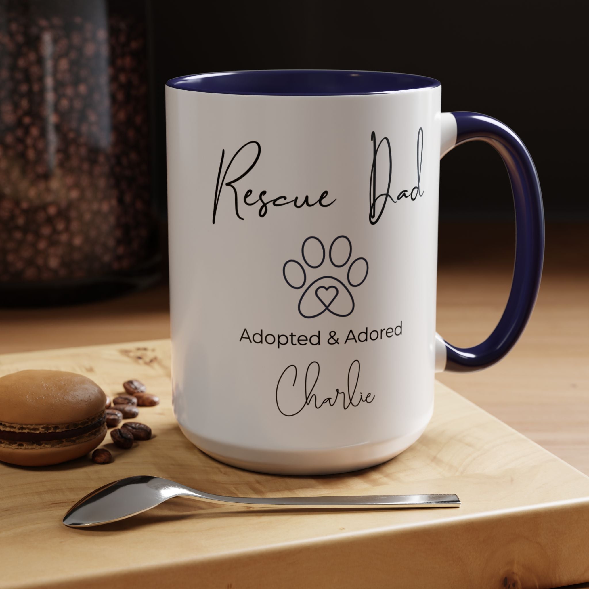 Rescue Dad Mug with Pet Name – Personalized Dog Lover Gift, Adopted & Adored, 15oz Accent Coffee Mug, Dishwasher Safe, USA Made