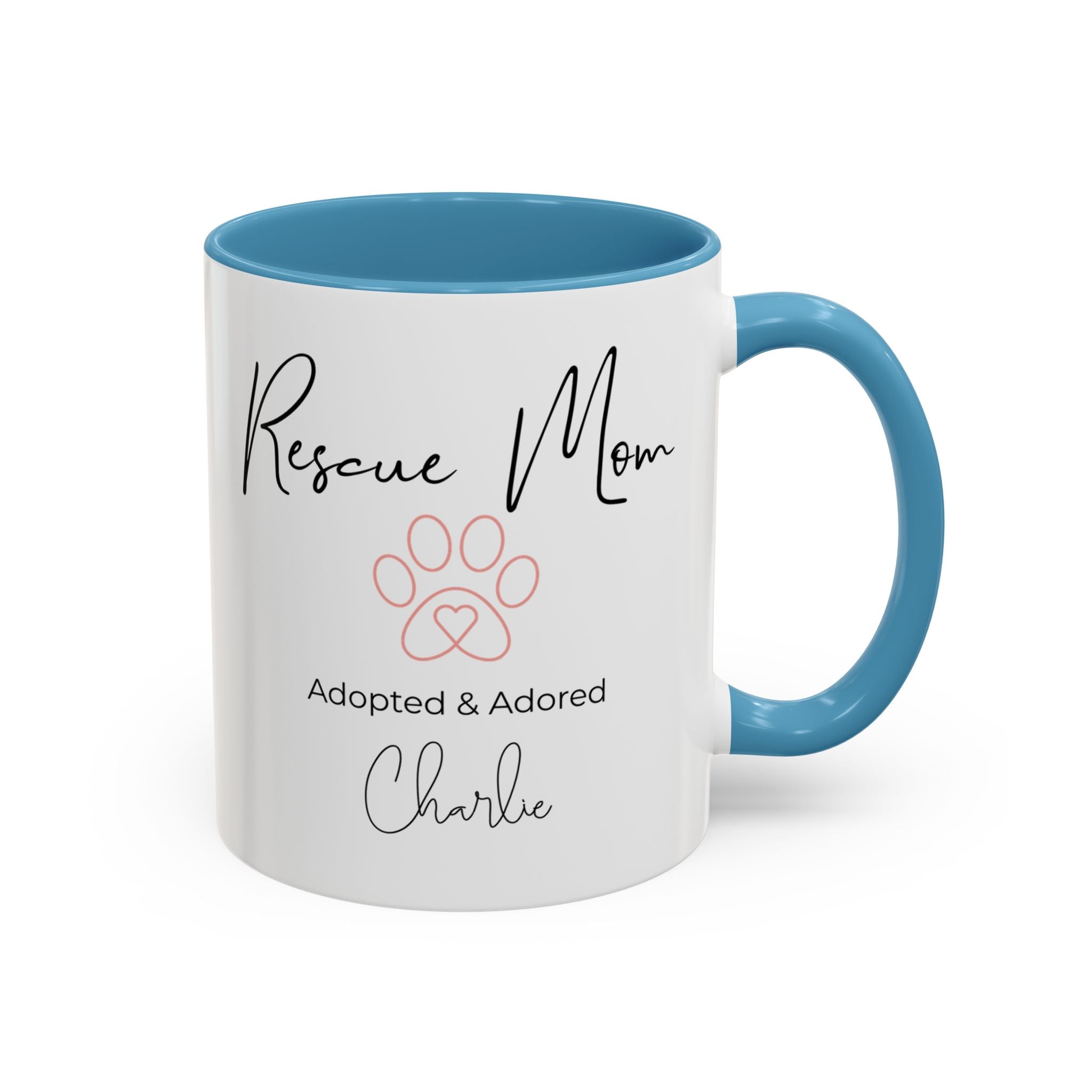 Rescue Mom Mug with Pet Name – Personalized Dog Lover Gift, Adopted & Adored, 15oz Accent Coffee Mug, Dishwasher Safe, USA Made