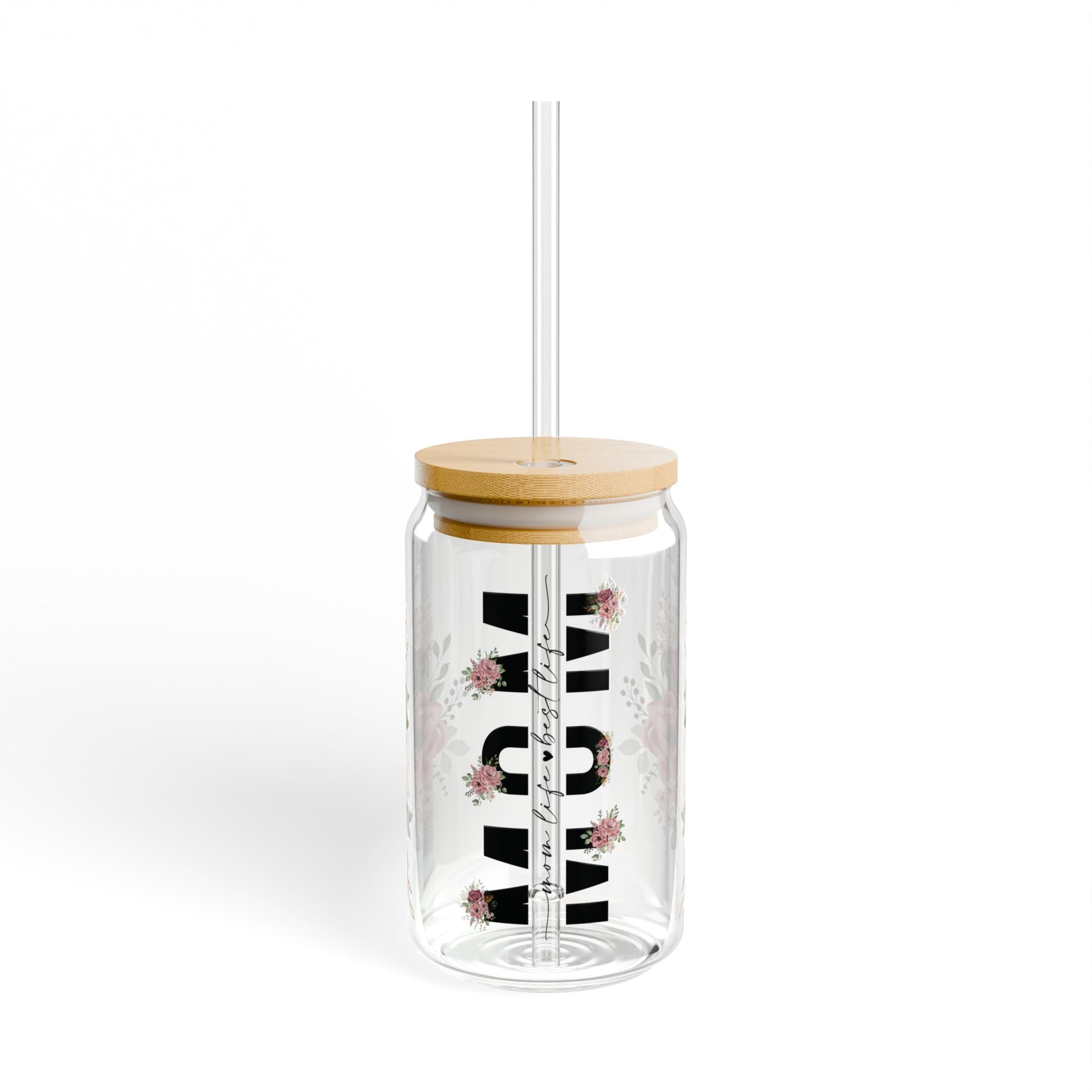 🌸 Floral Mom Life Glass Tumbler – 16oz Reusable Cup with Bamboo Lid & Straw