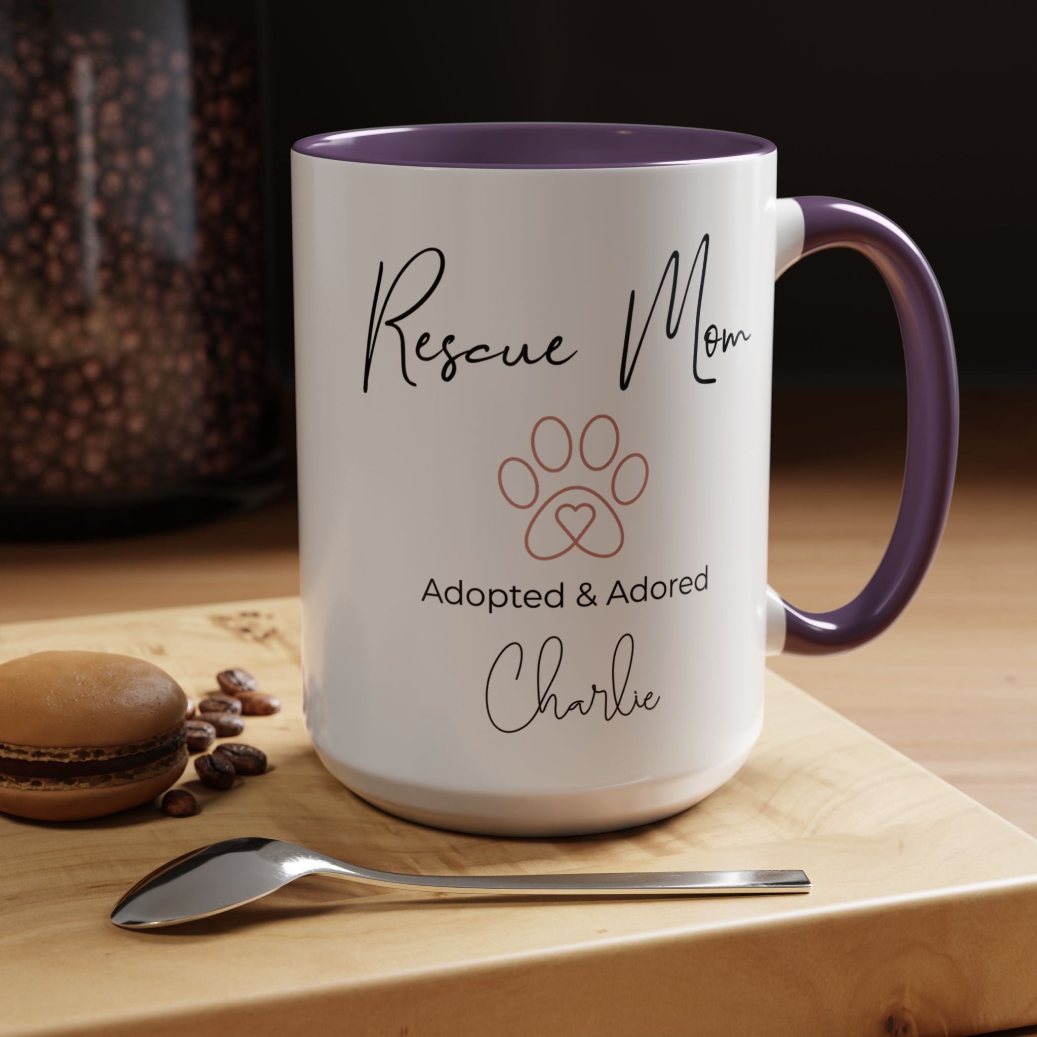 Rescue Mom Mug with Pet Name – Personalized Dog Lover Gift, Adopted & Adored, 15oz Accent Coffee Mug, Dishwasher Safe, USA Made
