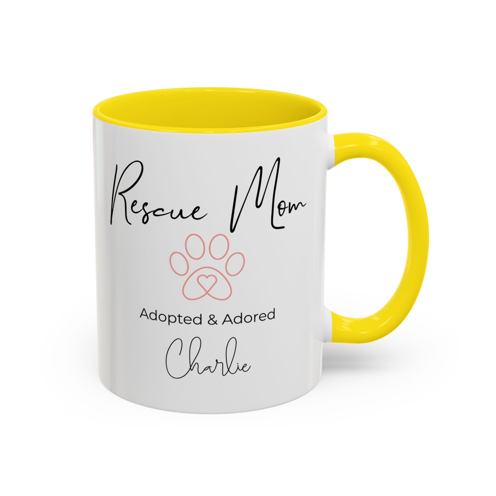Rescue Mom Mug with Pet Name – Personalized Dog Lover Gift, Adopted & Adored, 15oz Accent Coffee Mug, Dishwasher Safe, USA Made