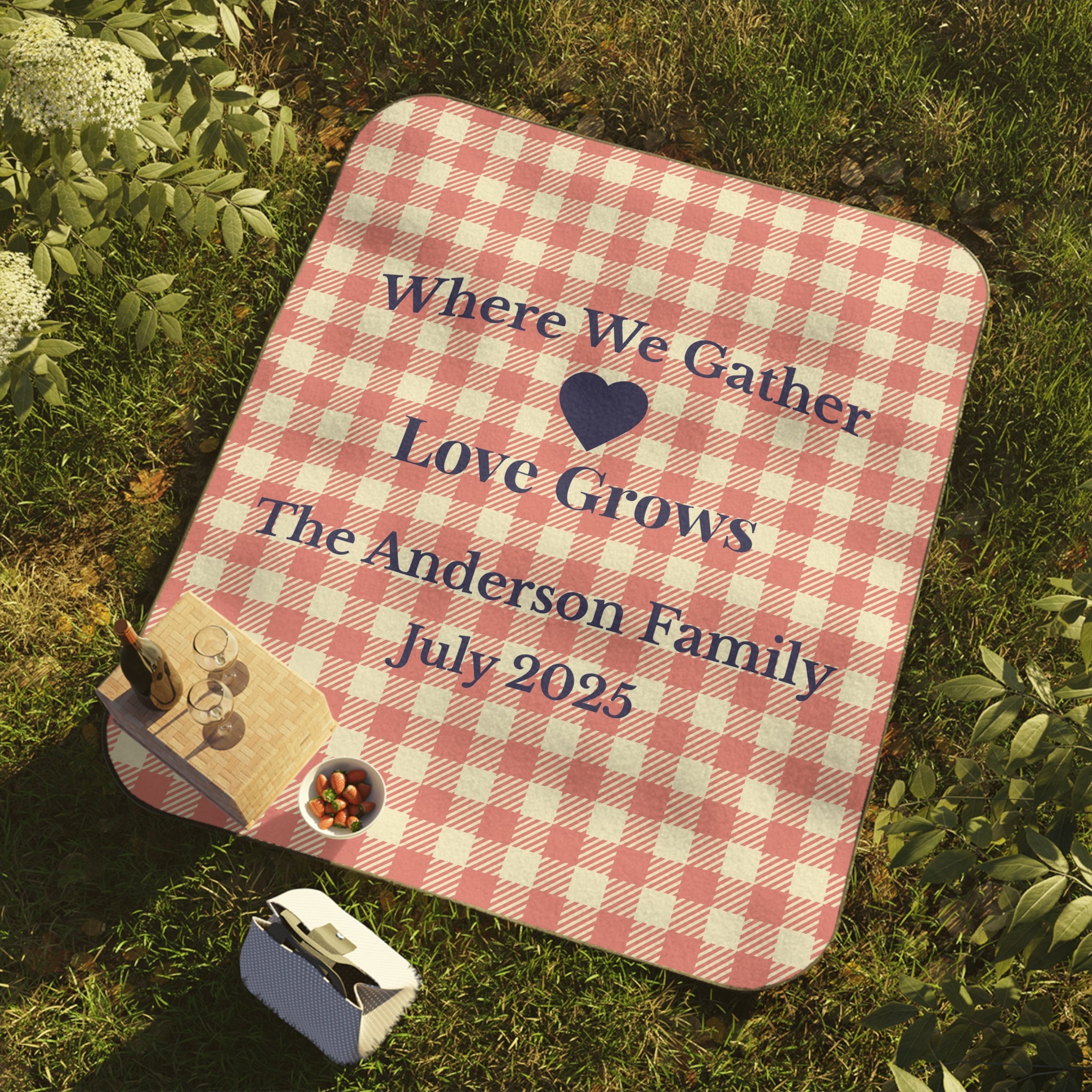 Custom Family Picnic Blanket – Personalized Gingham Outdoor Blanket for Reunions & Summer Gatherings