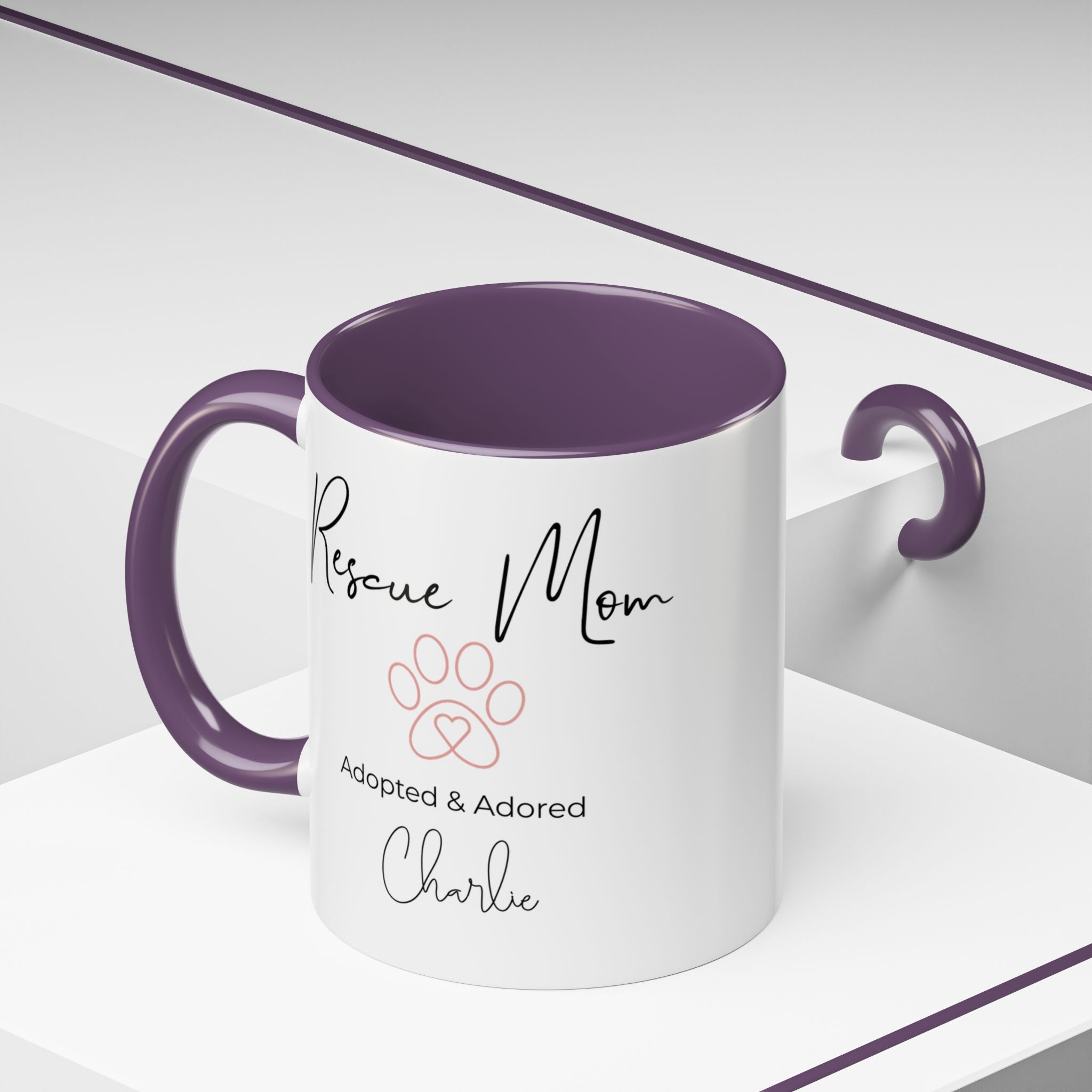 Rescue Mom Mug with Pet Name – Personalized Dog Lover Gift, Adopted & Adored, 15oz Accent Coffee Mug, Dishwasher Safe, USA Made