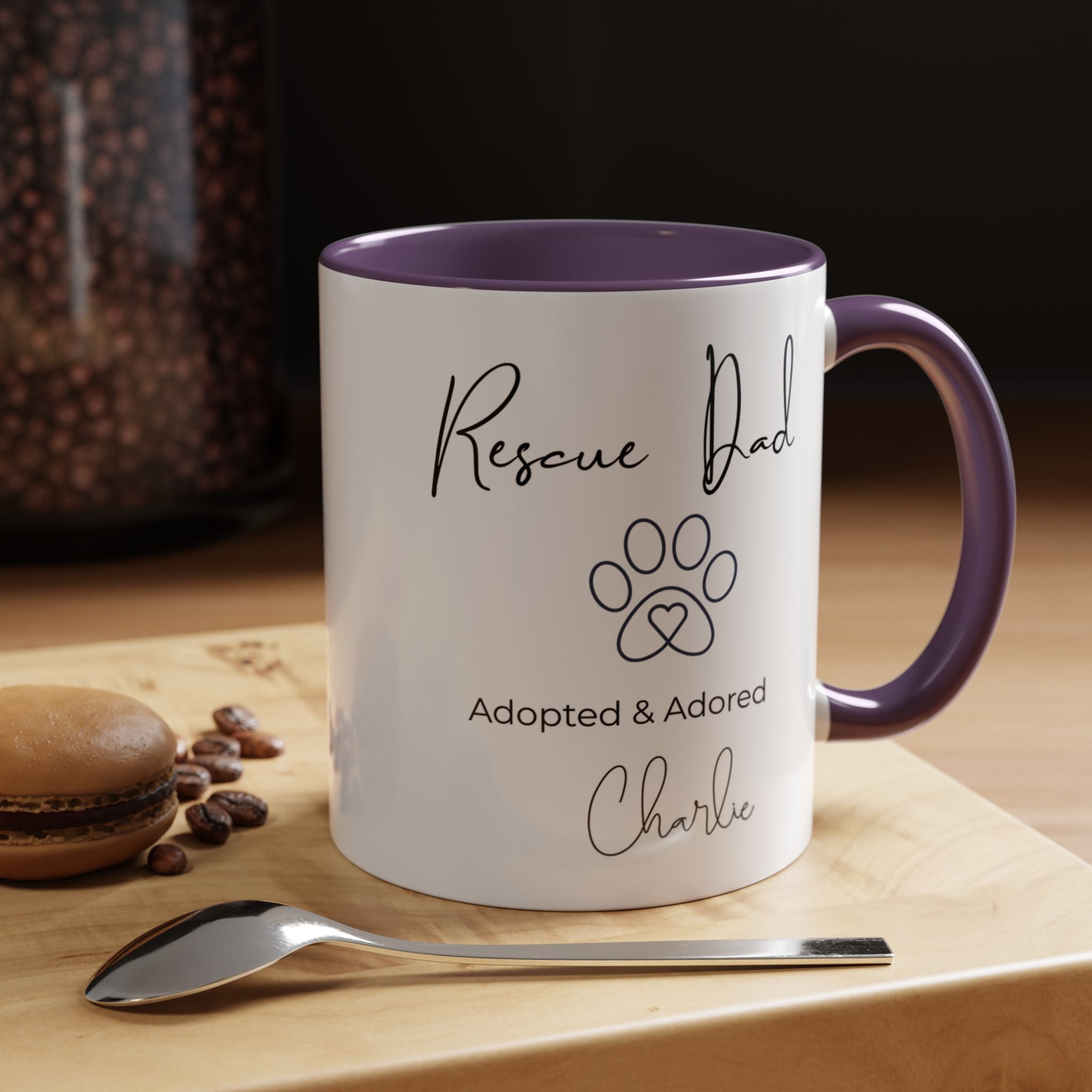 Rescue Dad Mug with Pet Name – Personalized Dog Lover Gift, Adopted & Adored, 15oz Accent Coffee Mug, Dishwasher Safe, USA Made
