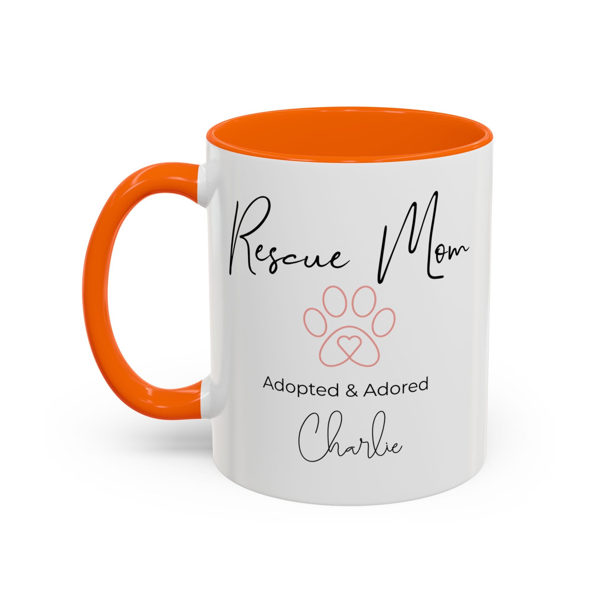Rescue Mom Mug with Pet Name – Personalized Dog Lover Gift, Adopted & Adored, 15oz Accent Coffee Mug, Dishwasher Safe, USA Made